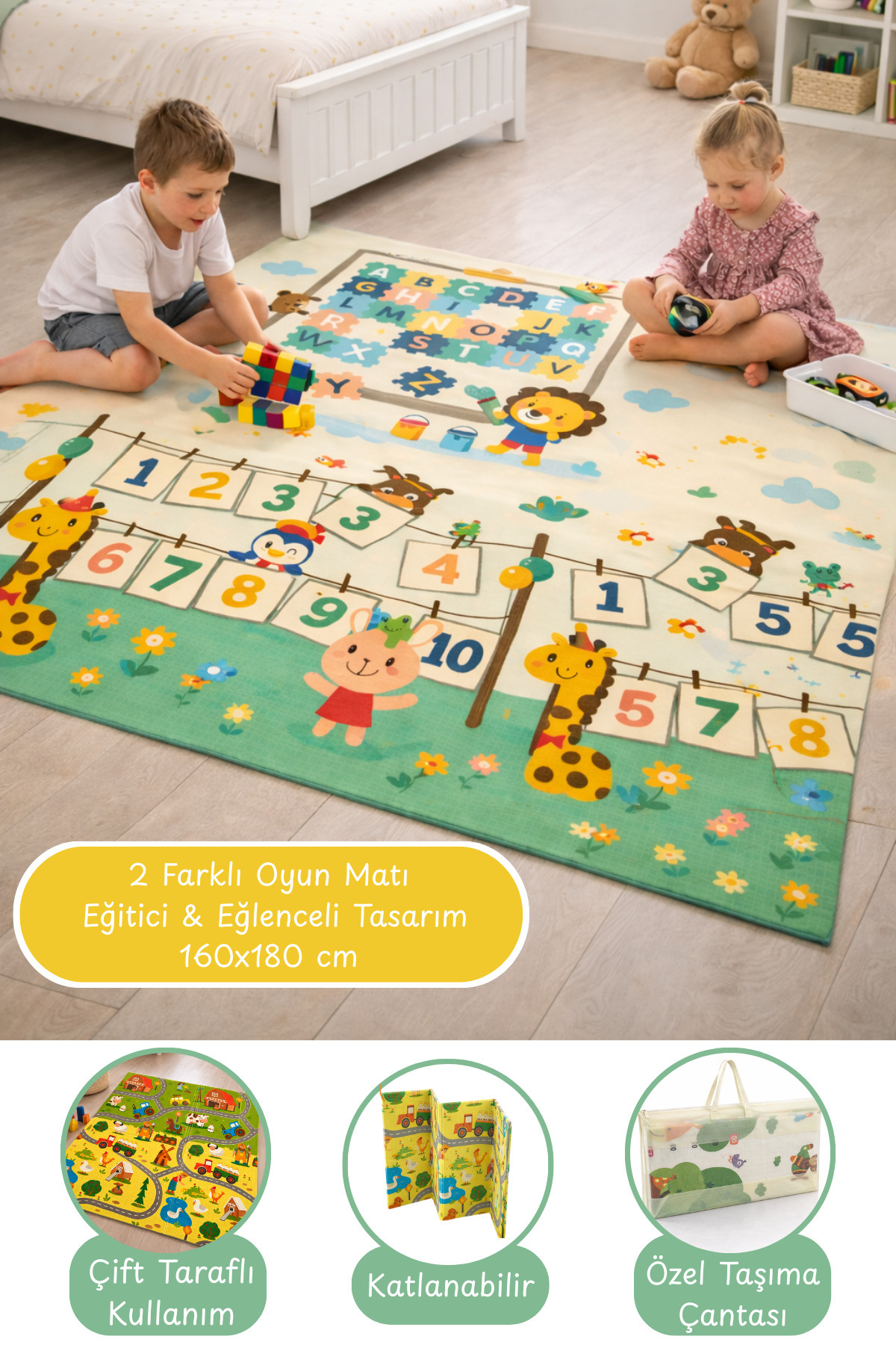 ESTİ Çift Taraflı Çocuk Oyun Matı – Öğretici Tasarım & Çiftlik Dünyası Katlanabilir Halı - 160x180 cm fotoğrafı 2 (önizleme)