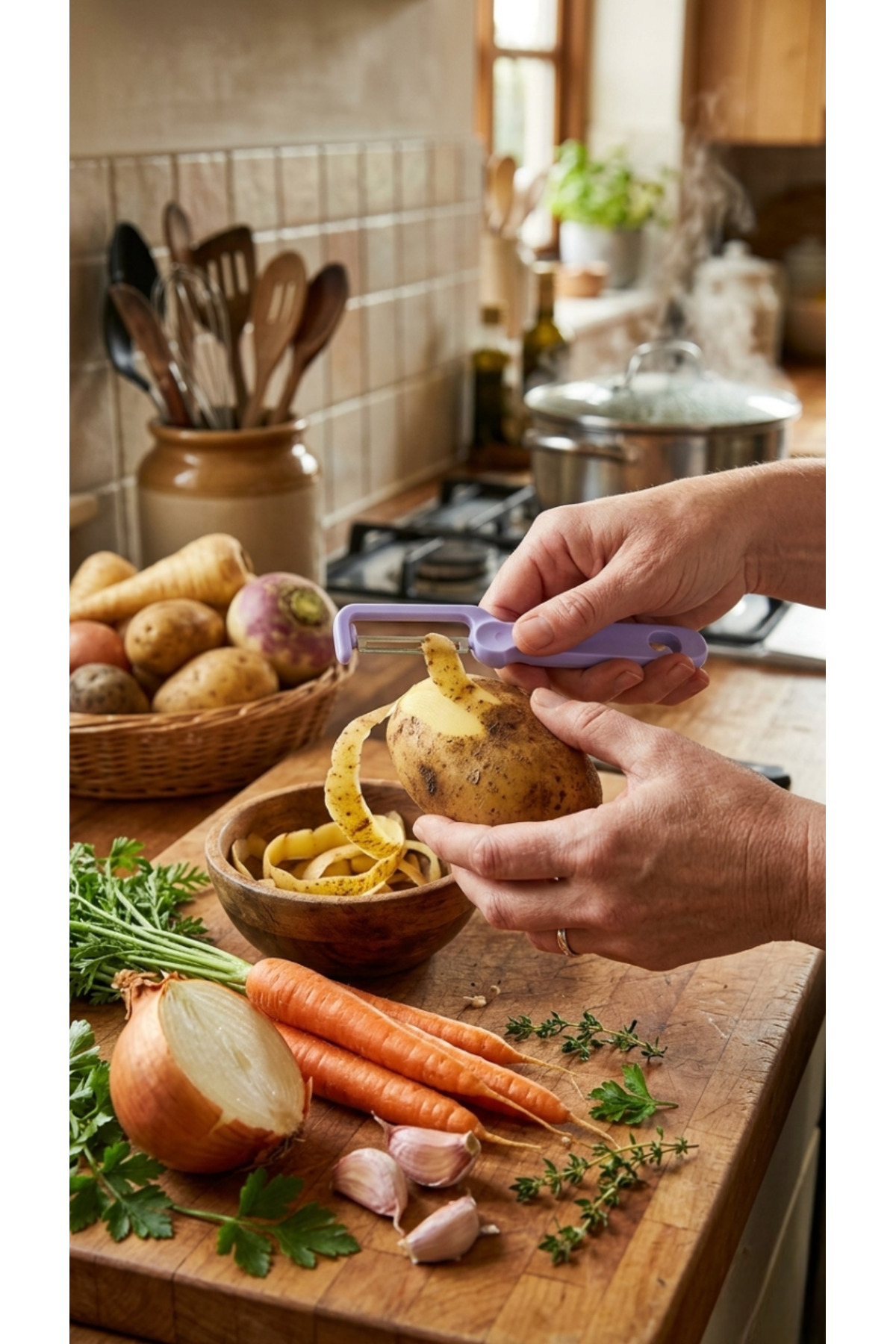 LUDIA Katlanabilir Paslanmaz Çelik Buharlı Pişirici,Geniş Yüzeyli Rende ve Ergonomik Soyacak Seti fotoğrafı 5 (önizleme)