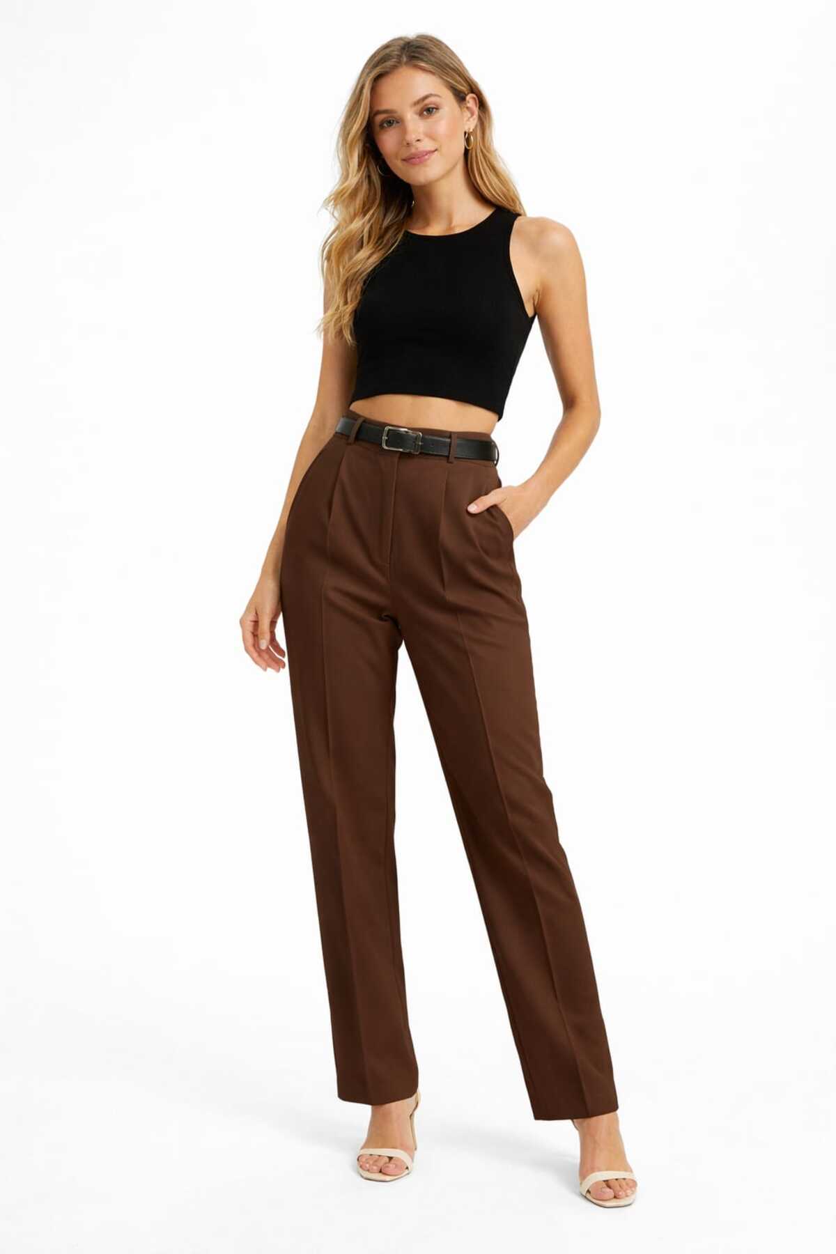 CALEMORE  Kadın Bol Paça Kemer Detaylı Yüksek Bel Kumaş Wide Leğ Pantolon(calemore)