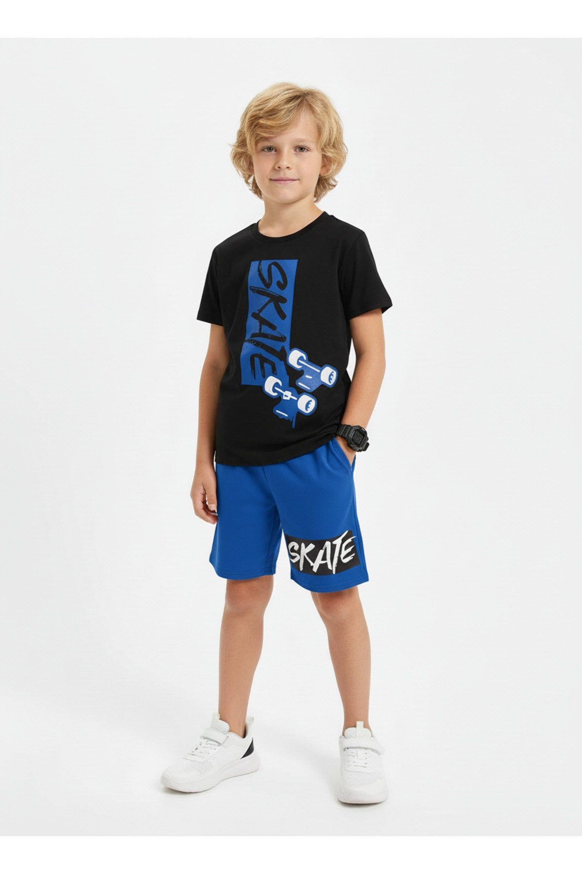 Round Neck Skate Print Detailed Summer Boys' Bottom Top Set
