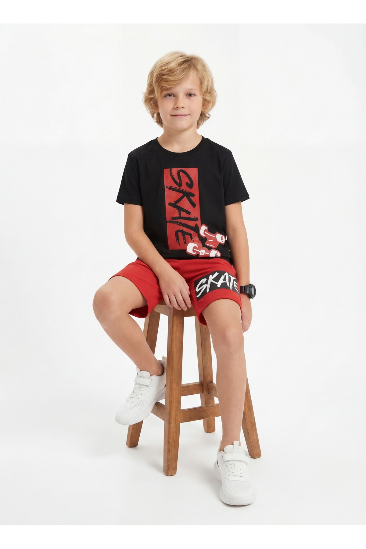 Round Neck Skate Print Detailed Summer Boys' Bottom Top Set