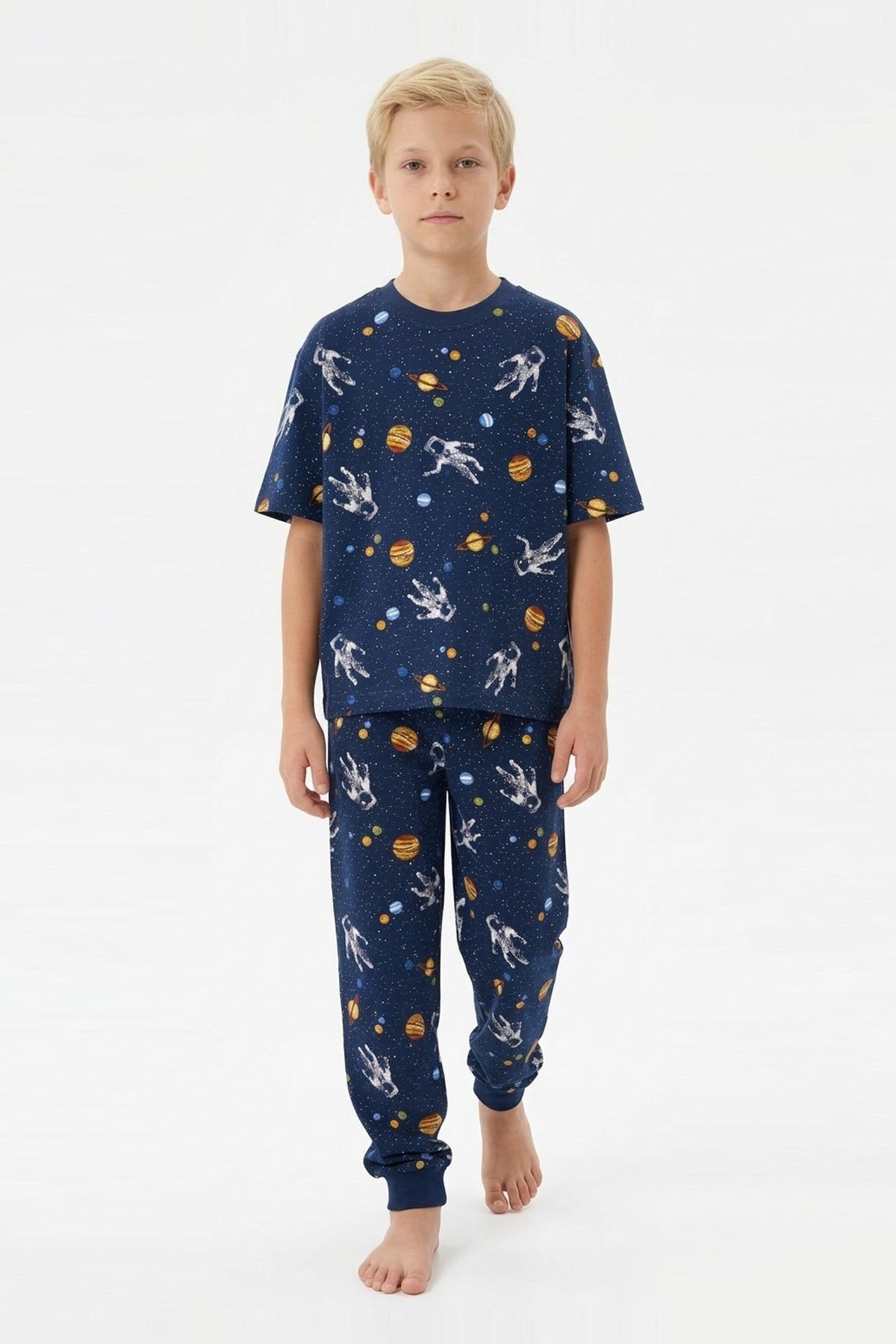 bunny hopp Erkek Çocuk %100 Pamuk Uzay ve Astronot Desenli Pijama Takımı - Kısa Kollu Manşetli Lacivert fotoğrafı 5 (önizleme)