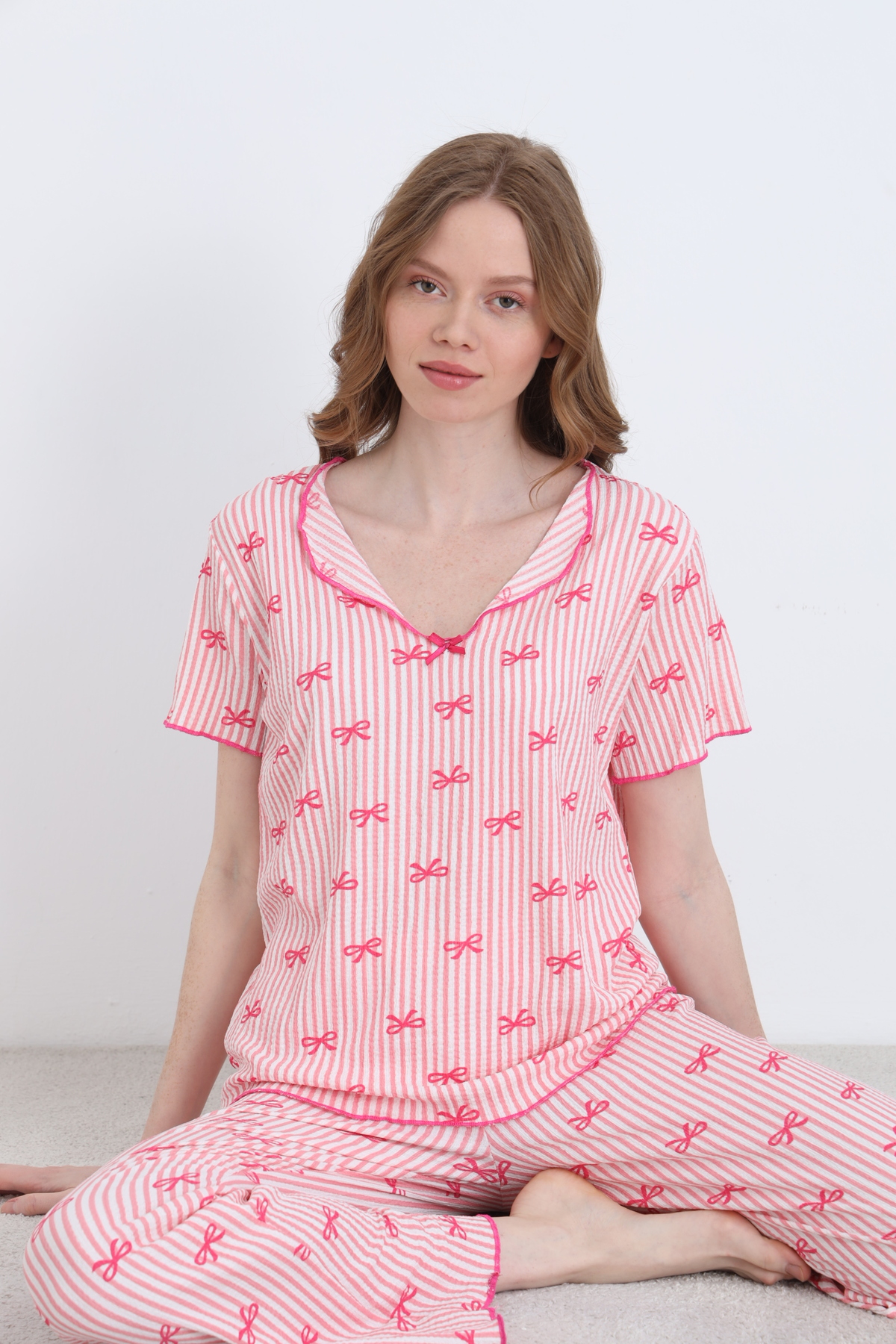 Bürümcük Knitted Short Sleeve Women's V-Neck Pajamas Set