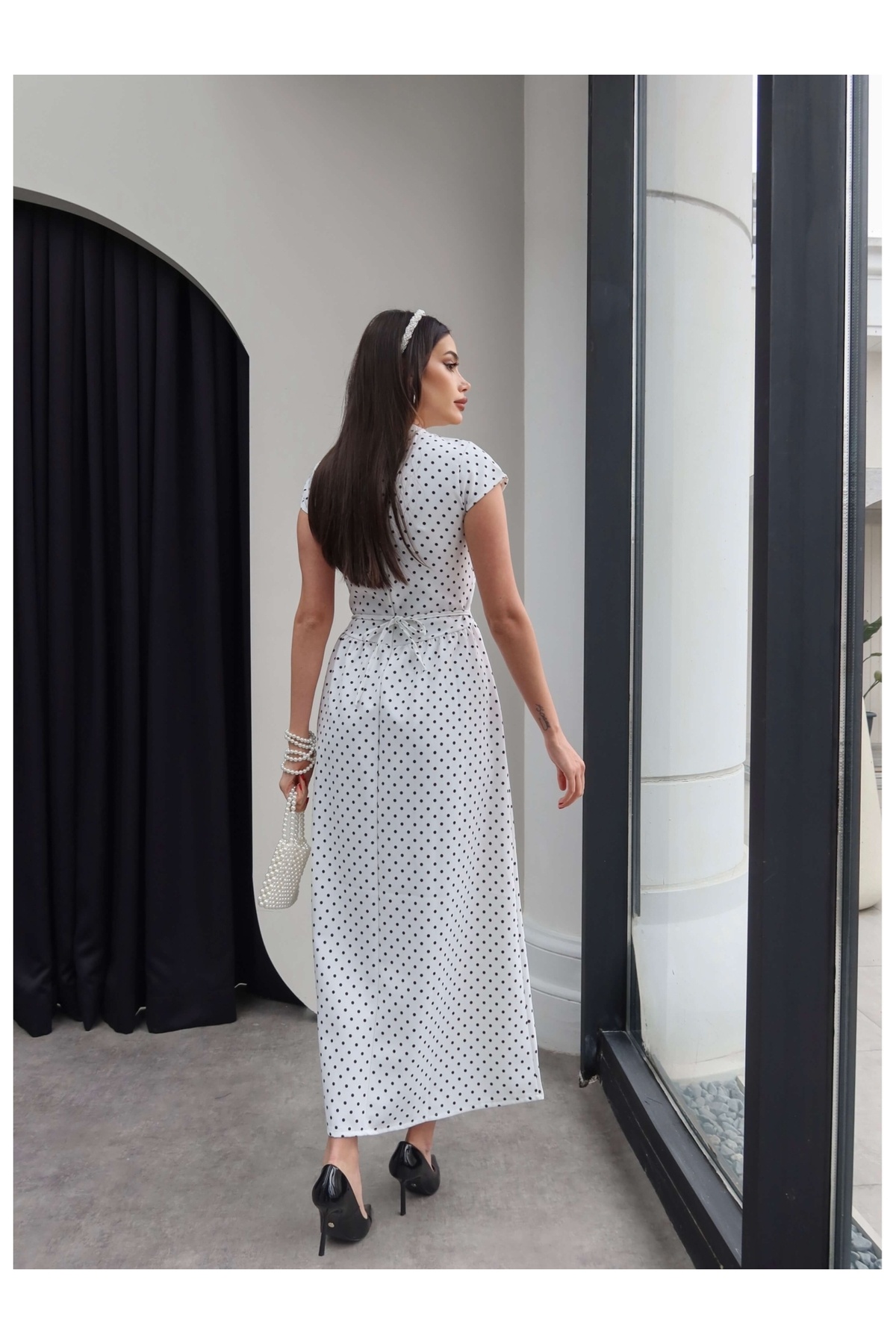 ESRAHELVACI  Belden Bağlamalı Puantiyeli Elbise - Görsel 5