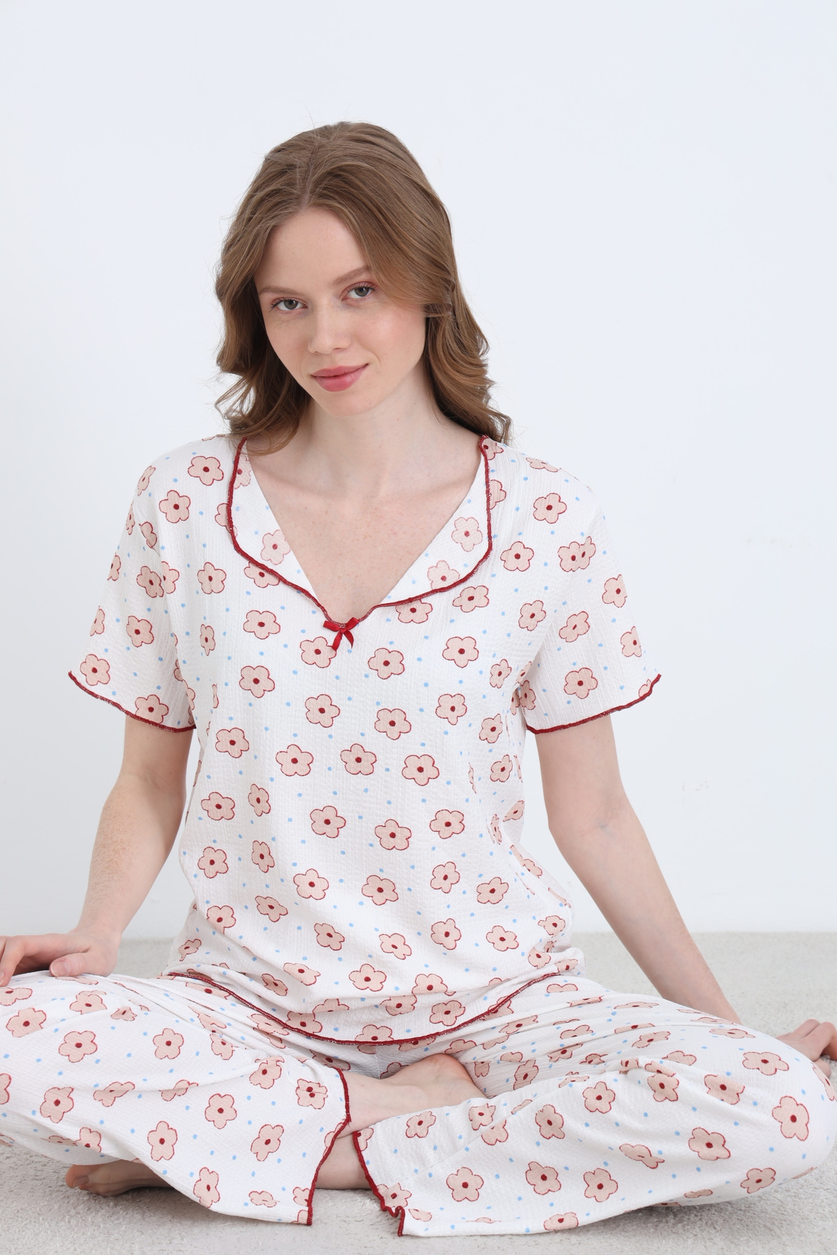Bürümcük Knitted Short Sleeve Women's V-Neck Pajamas Set