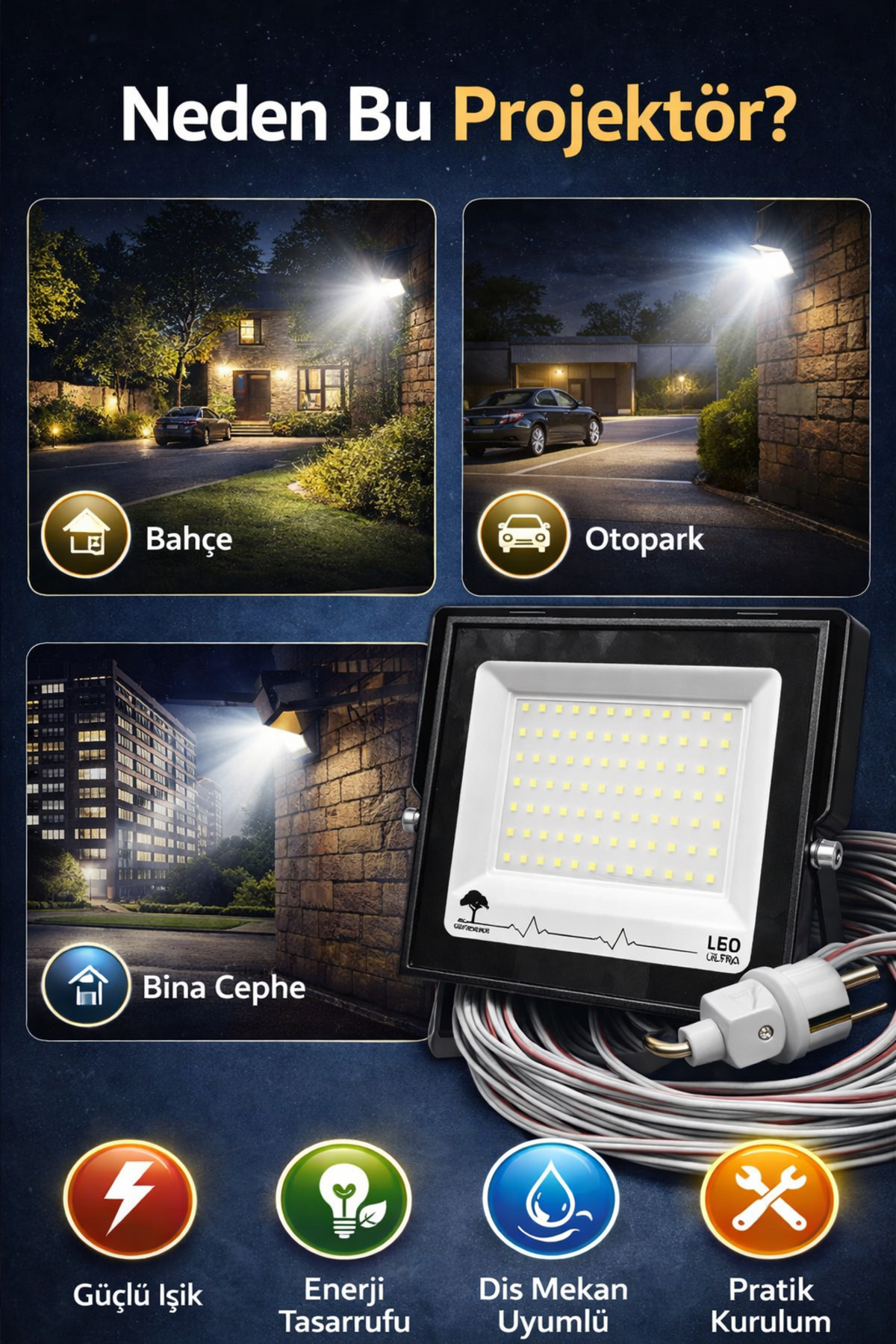 luxshome 20 Metre 200 Watt Seyyar Led Projektör Aydınlatma Su Geçirmez ...