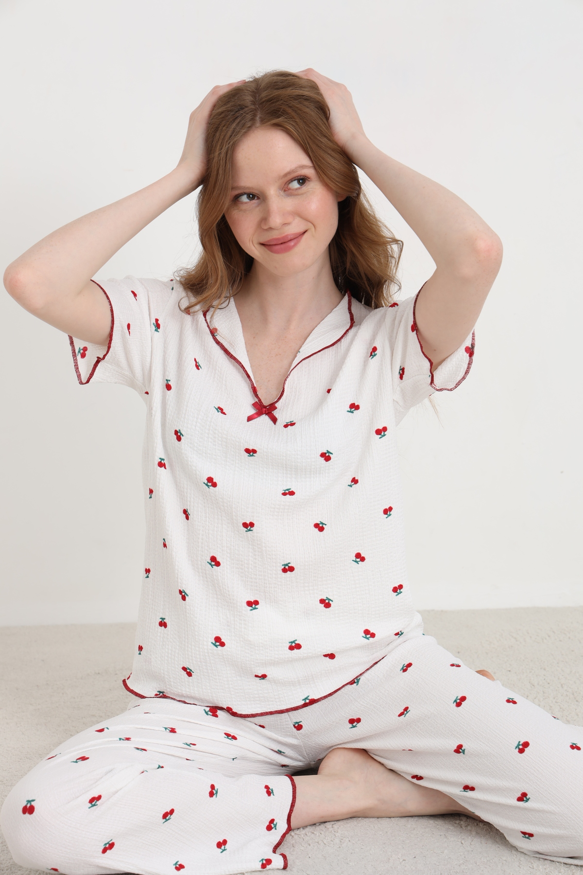 Bürümcük Knitted Short Sleeve Women's V-Neck Pajamas Set