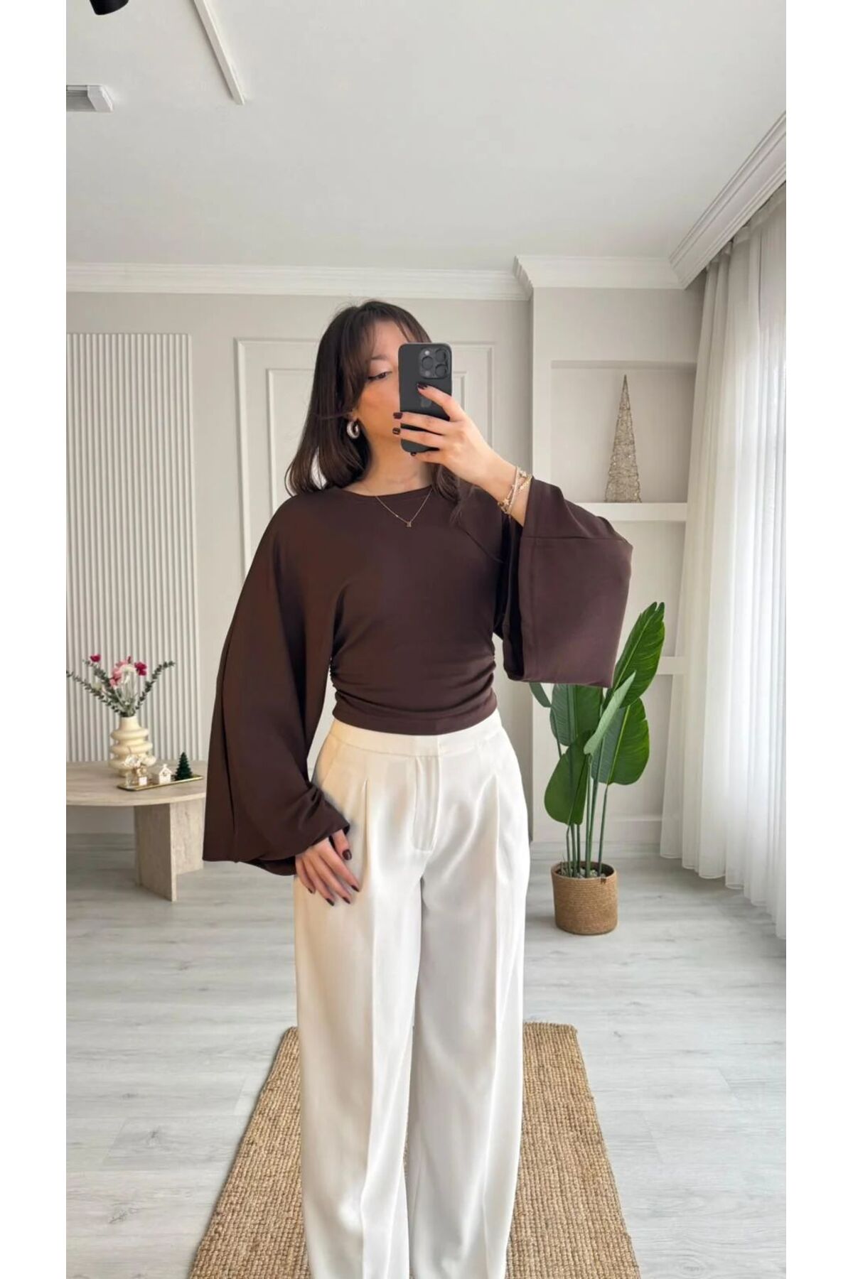 vipelmoda  Kadın Bisiklet Yaka Belden Oturtmalı Geniş Kollu Bluz - Görsel 3