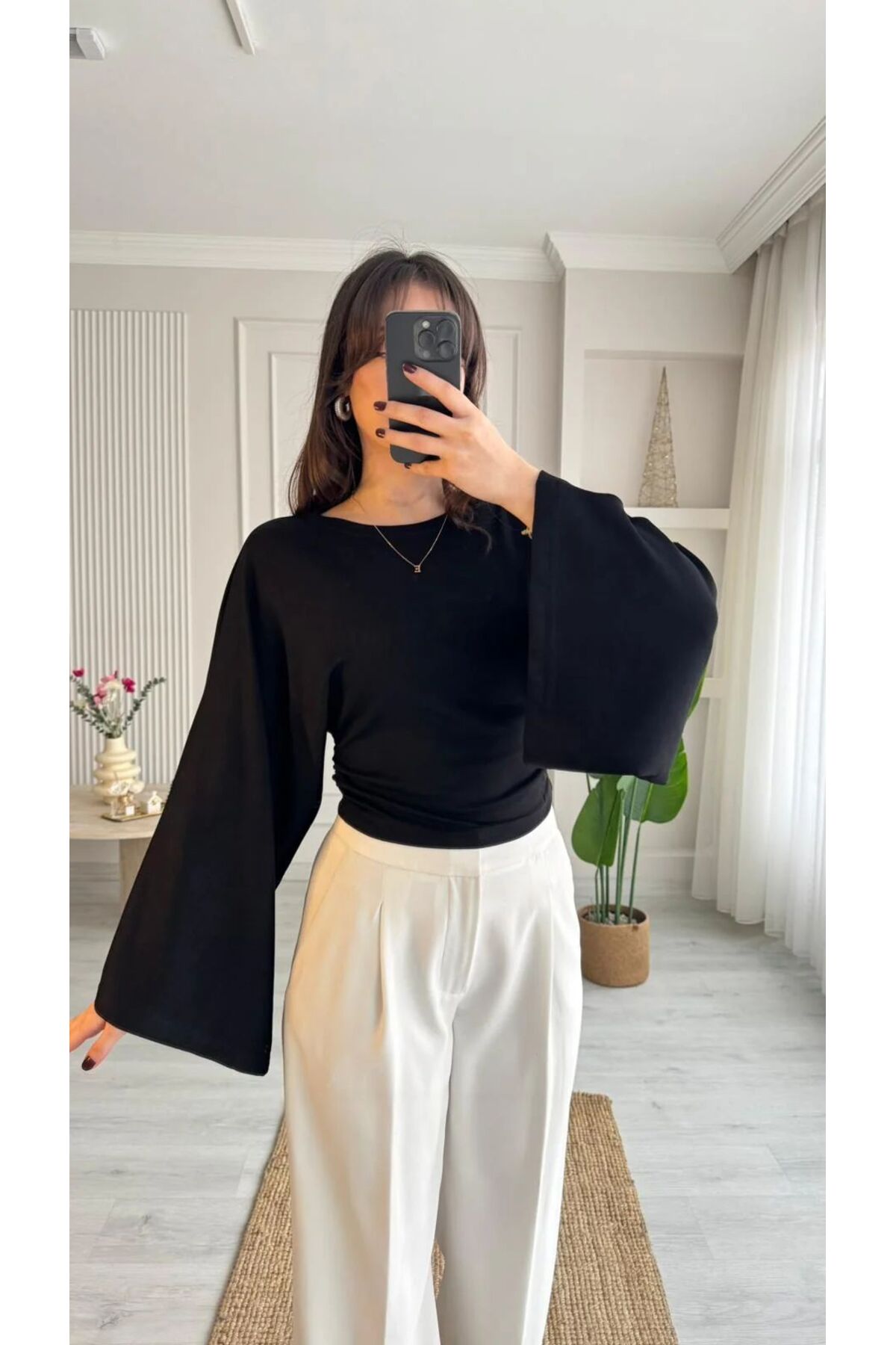vipelmoda Bisiklet Yaka Belden Oturtmalı Geniş Kollu Bluz görsel 2