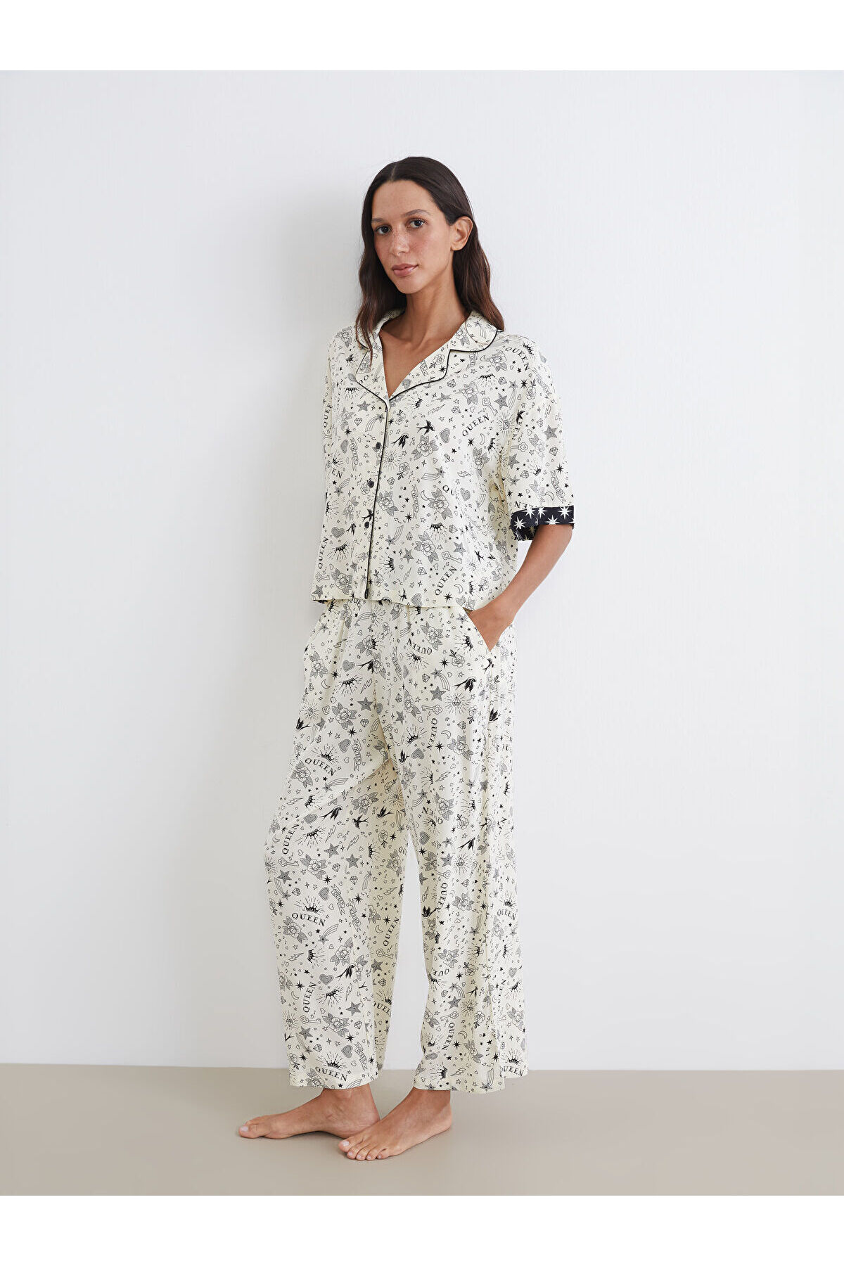 LC Waikiki Lcw Dream Ecru Shirt Collar Printed Women's Pajama Set