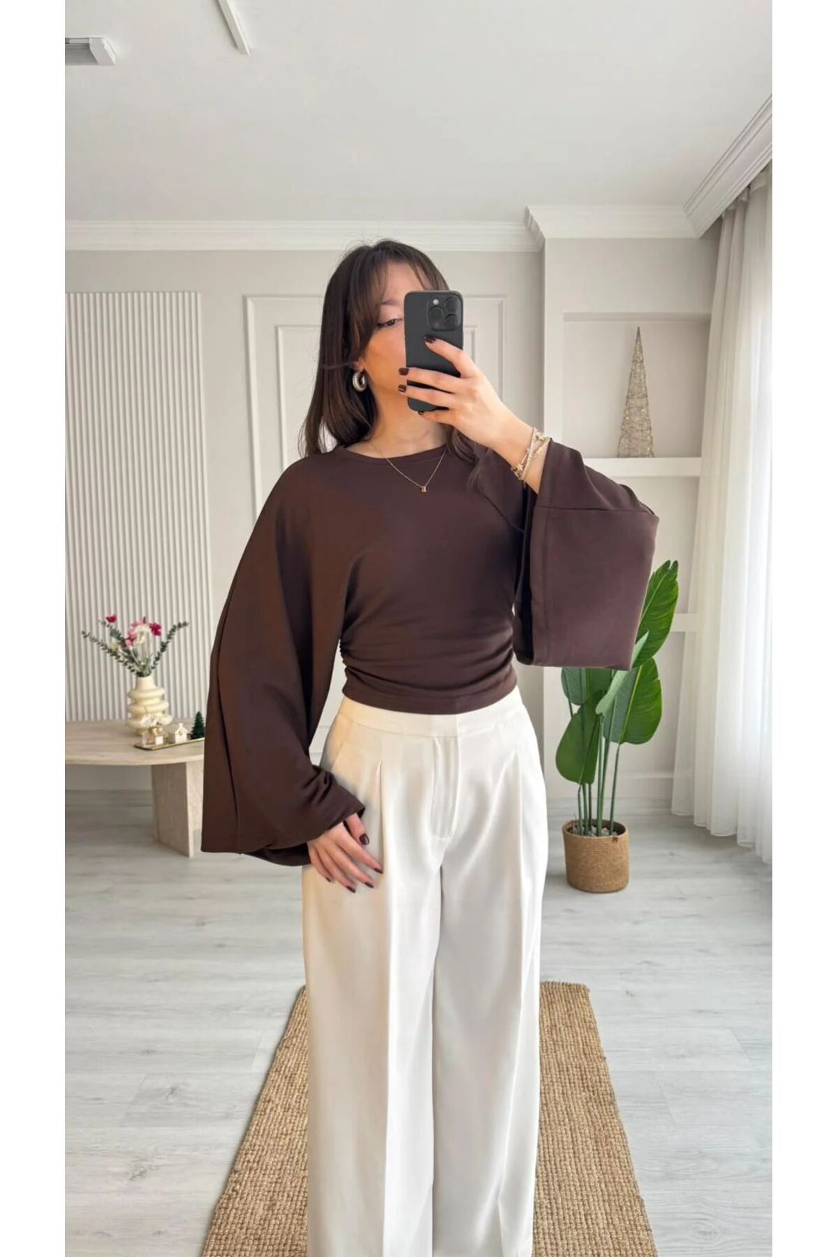 vipelmoda  Kadın Bisiklet Yaka Belden Oturtmalı Geniş Kollu Bluz