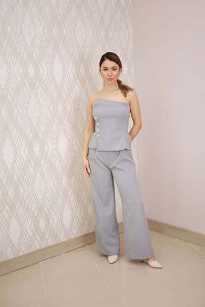 Elzem Boutique Gri Straplez Düğme Detaylı Pantolon Takım