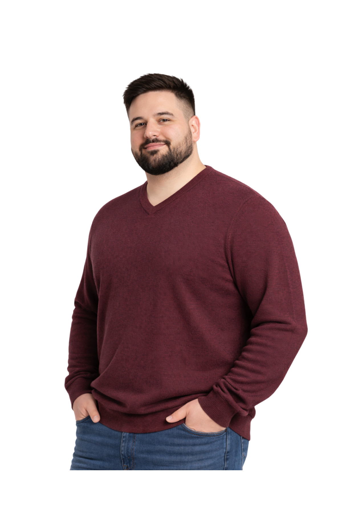 BattalModa Erkek Büyük Beden Bordo V Yaka Triko Kazak 3XL-4XL-5XL-6XL görsel 2