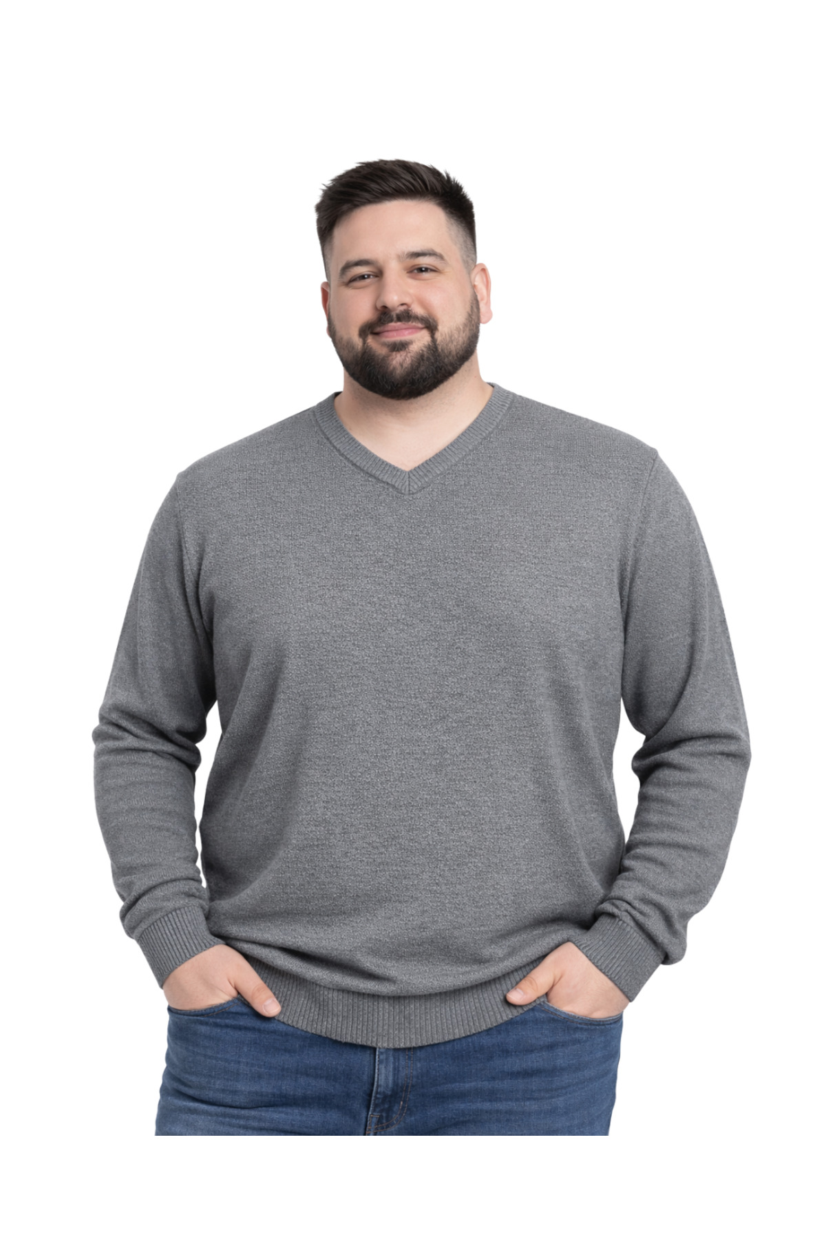 BattalModa Erkek Büyük Beden Füme V Yaka Triko Kazak 3XL-4XL-5XL-6XL