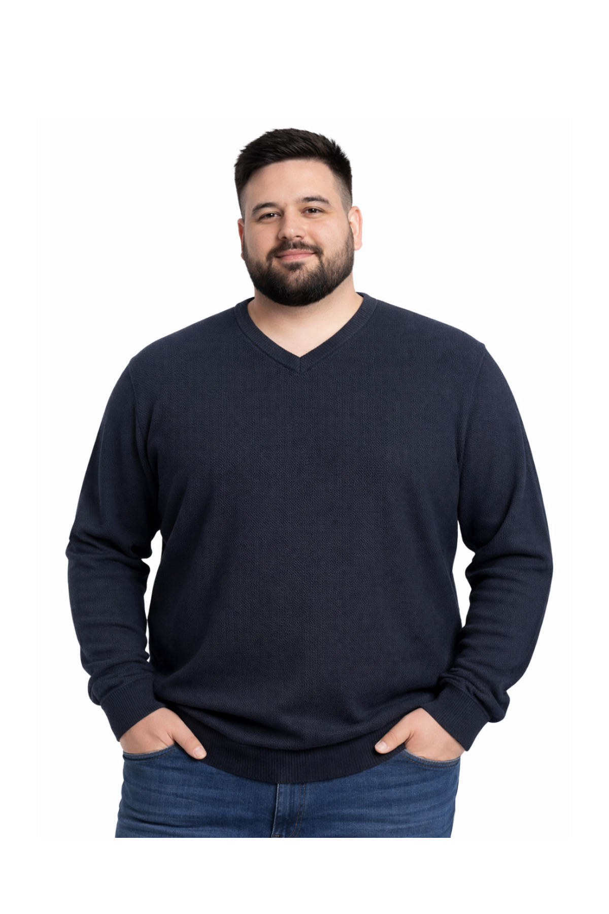 BattalModa Erkek Büyük Beden Lacivert V Yaka Triko Kazak 3XL-4XL-5XL-6XL
