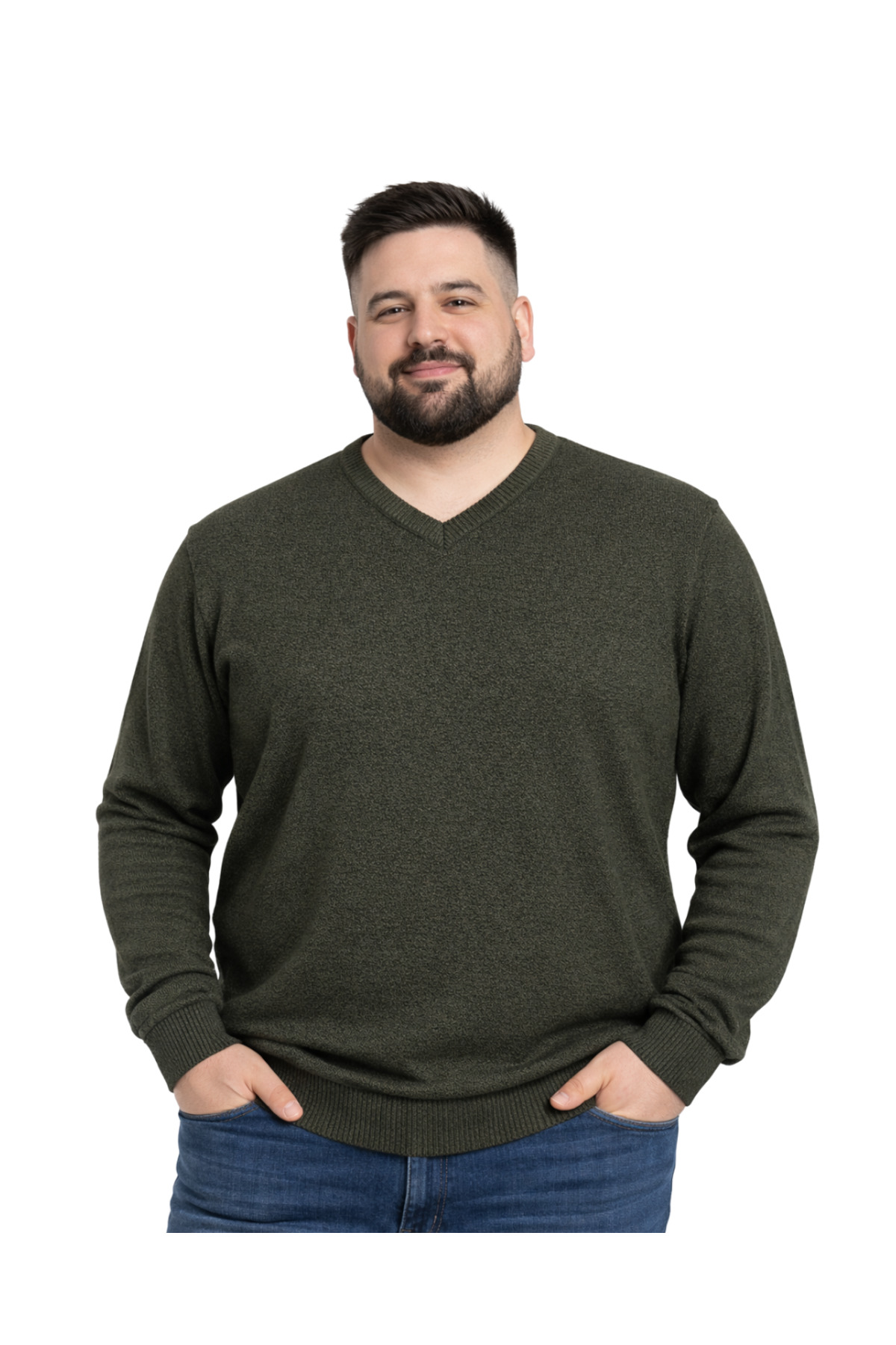 BattalModa Erkek Büyük Beden Haki V Yaka Triko Kazak 3XL-4XL-5XL-6XL