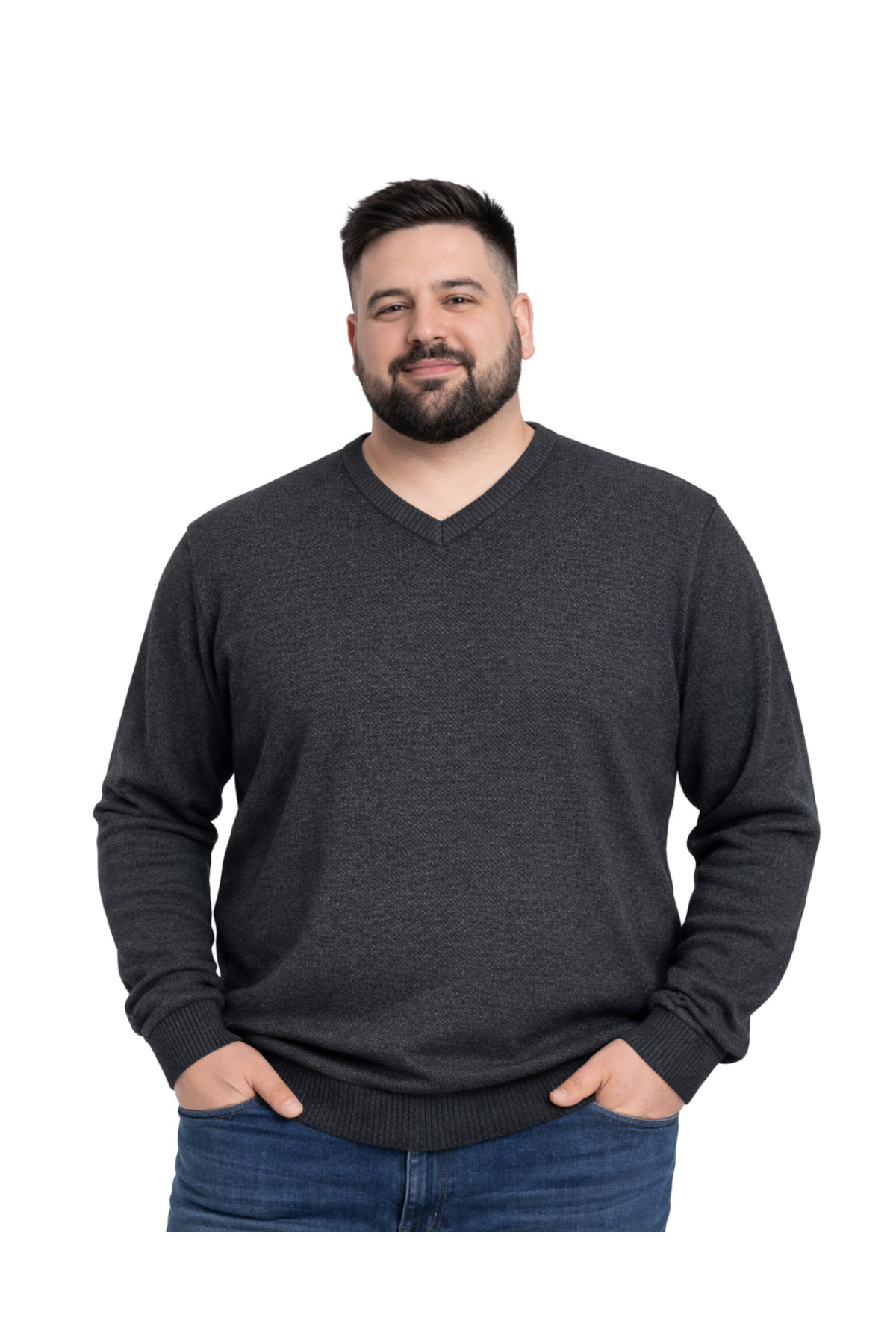 BattalModa Erkek Büyük Beden Antrasit V Yaka Triko Kazak 3XL-4XL-5XL-6XL