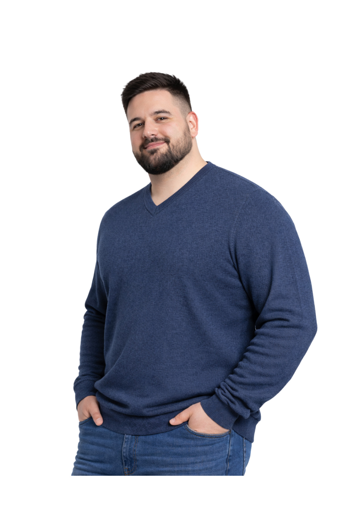 BattalModa Erkek Büyük Beden Melanj Lacivert V Yaka Triko Kazak 3XL-4XL-5XL-6XL görsel 2