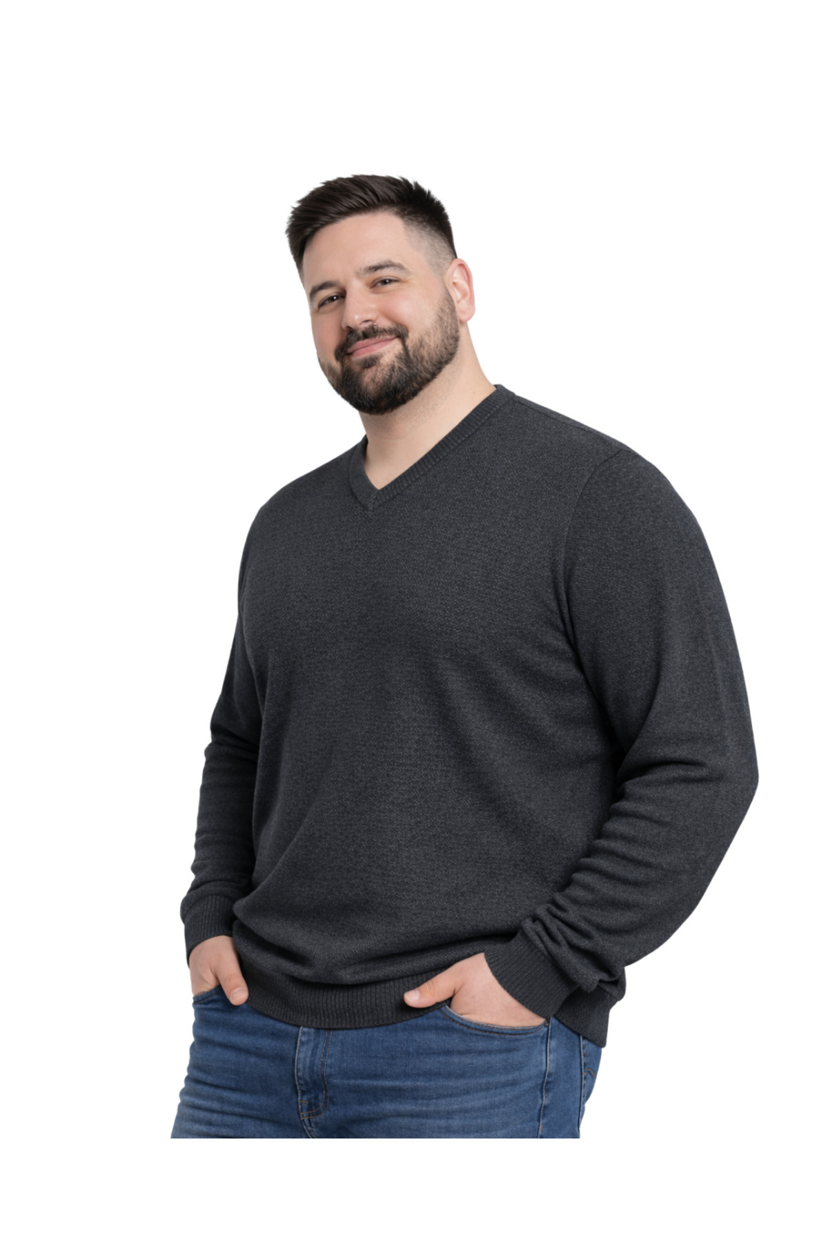 BattalModa Erkek Büyük Beden Antrasit V Yaka Triko Kazak 3XL-4XL-5XL-6XL görsel 2