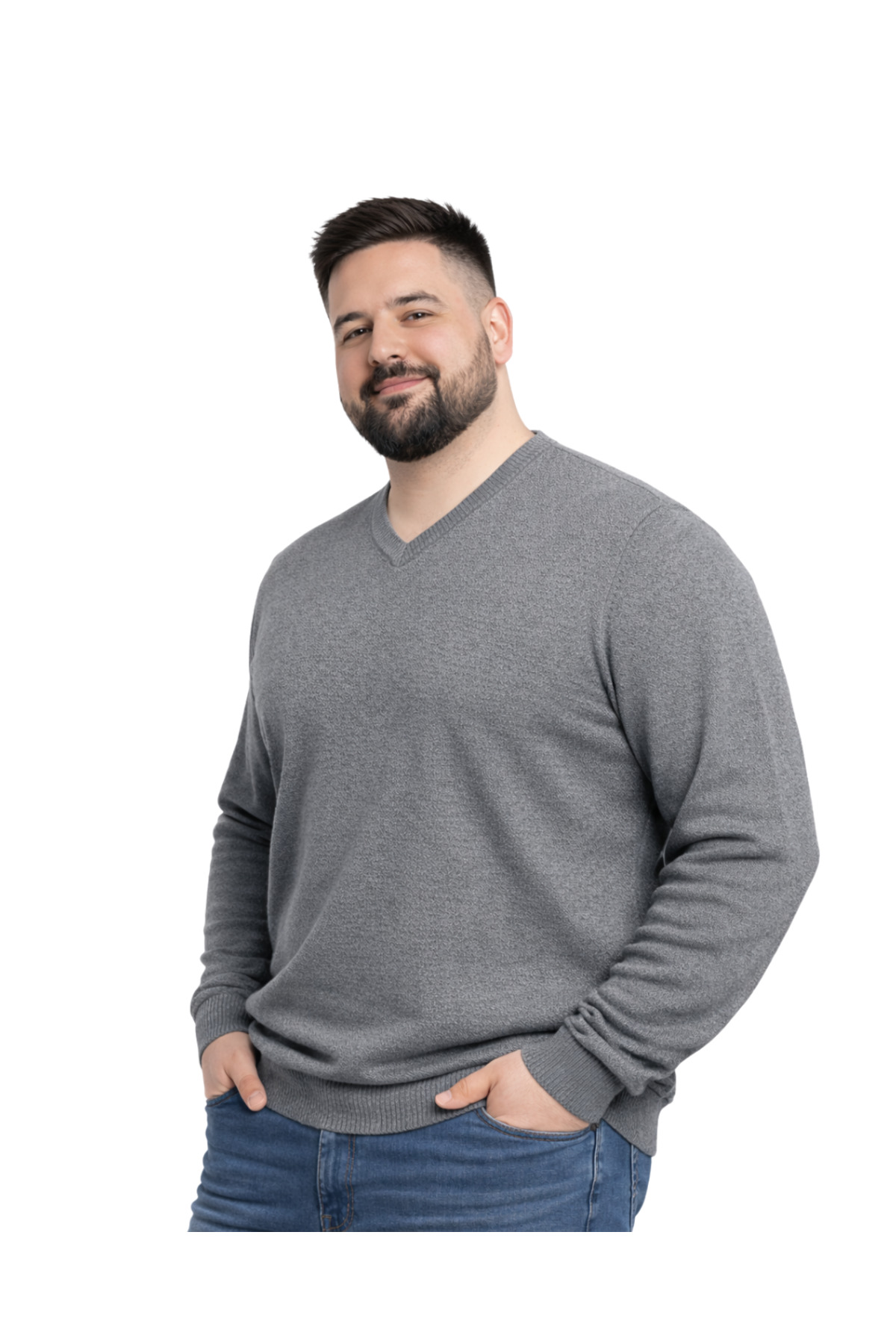 BattalModa Erkek Büyük Beden Füme V Yaka Triko Kazak 3XL-4XL-5XL-6XL görsel 2