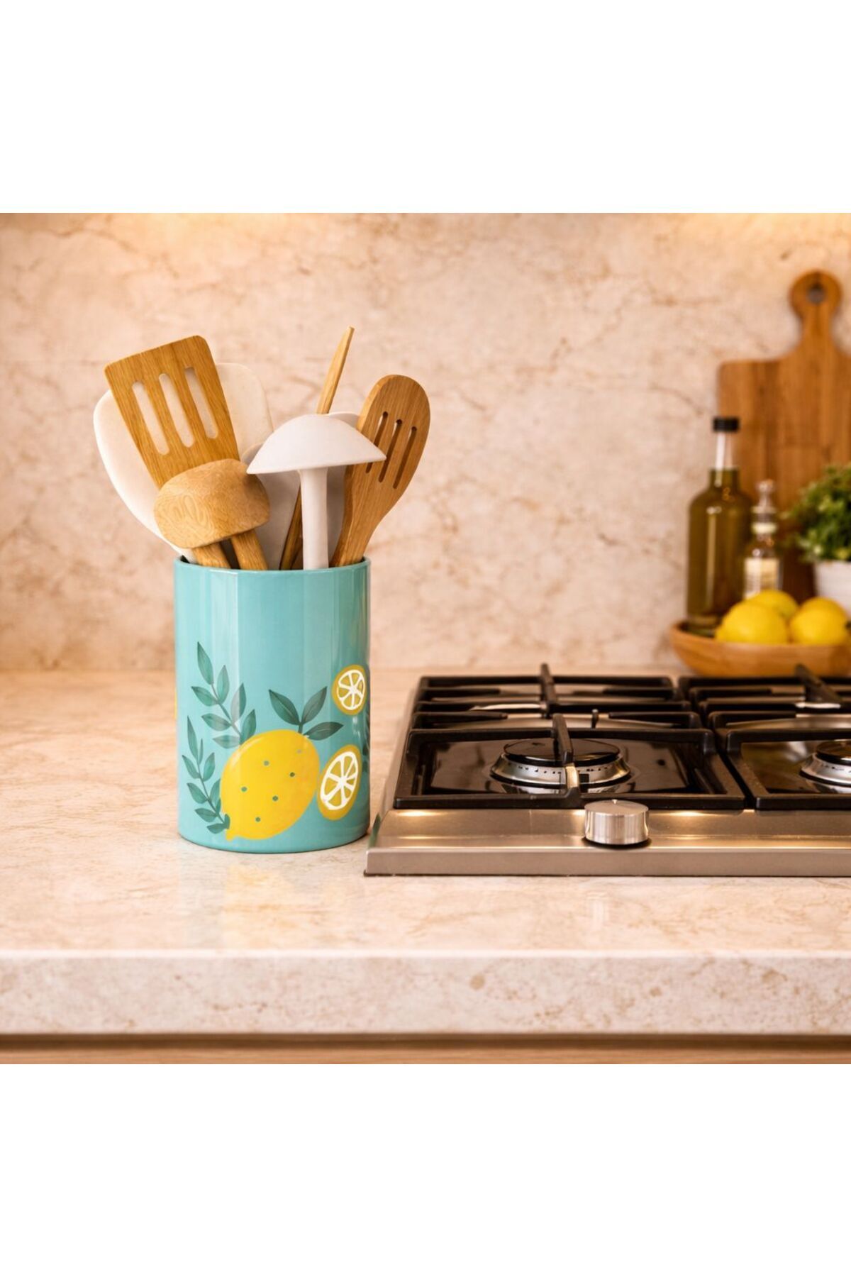 1 Piece Turquoise Ceramic Spoon Ladle with Lemon Motif ( 16 cm length - 10 cm diameter )