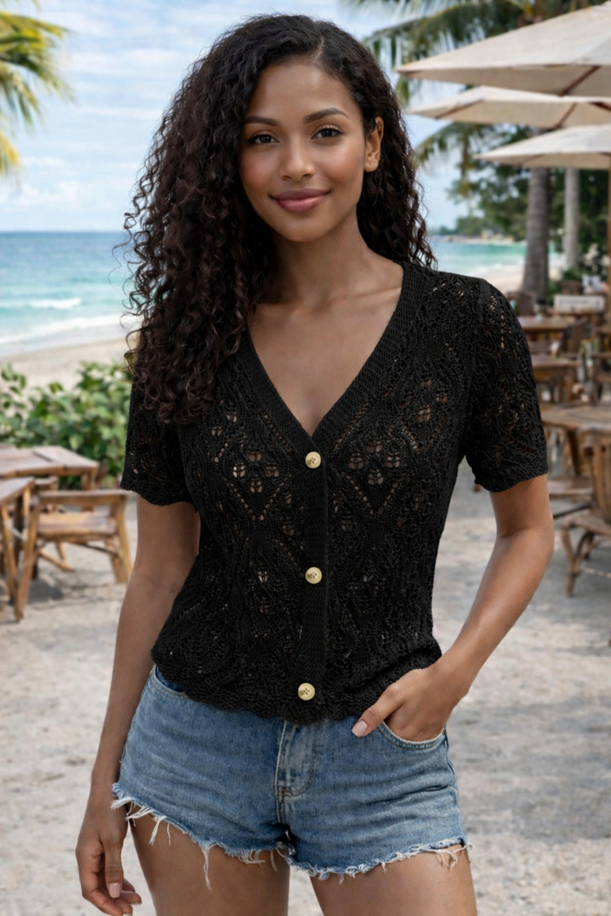 AQE FASHION Women's V-Neck Short Sleeve Buttoned Lace-Like Knit