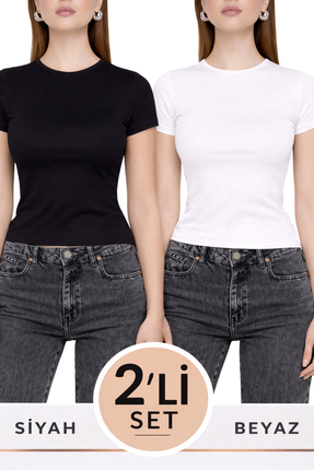 MODASPARK Siyah Beyaz İkili Bisiklet Yaka Basic Ultra Soft Kadın Kısa Kol Body