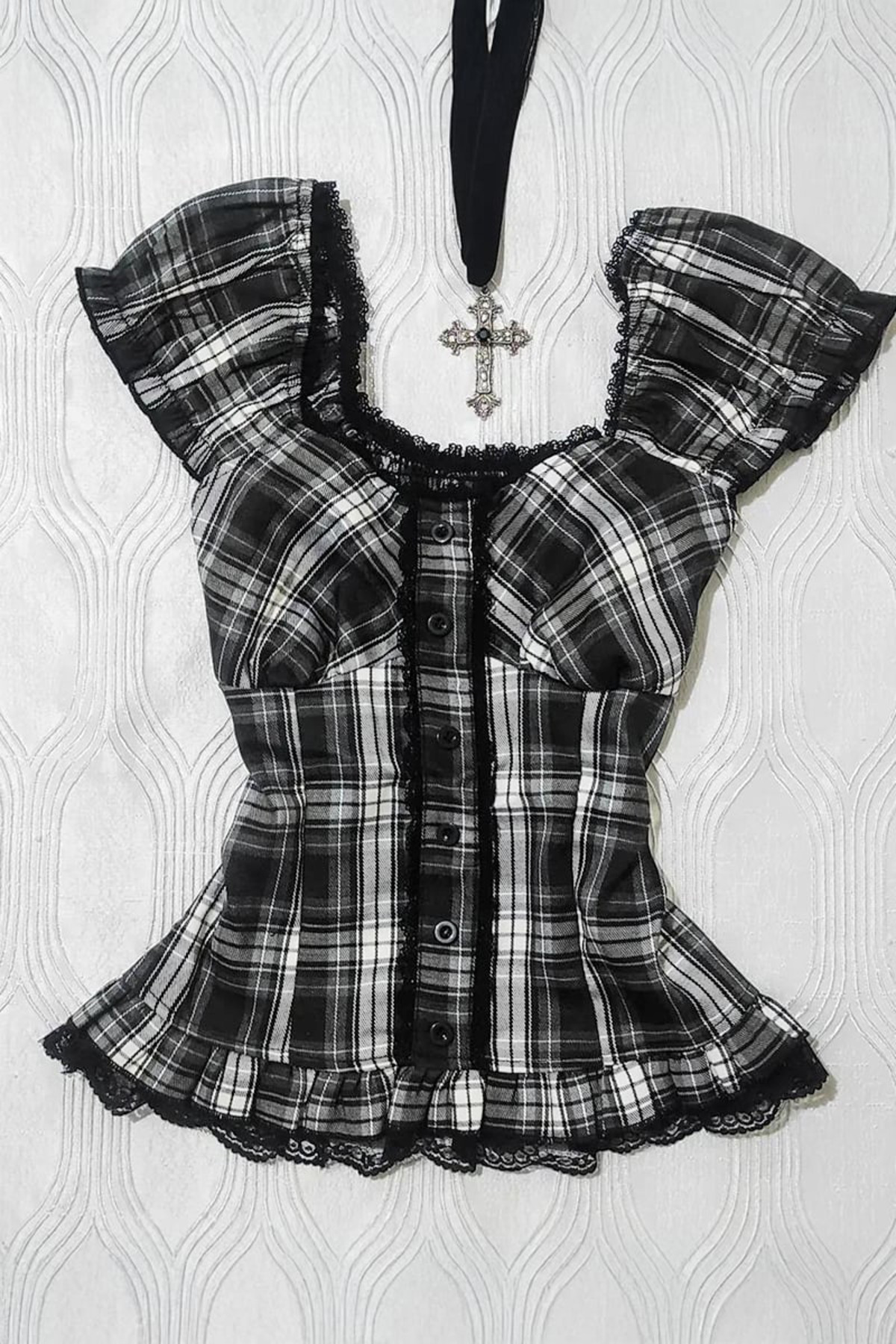 Köstebek  Siyah Beyaz Ekoseli Vintage Dantelli Kare Yaka Y2K Kısa Kollu Crop