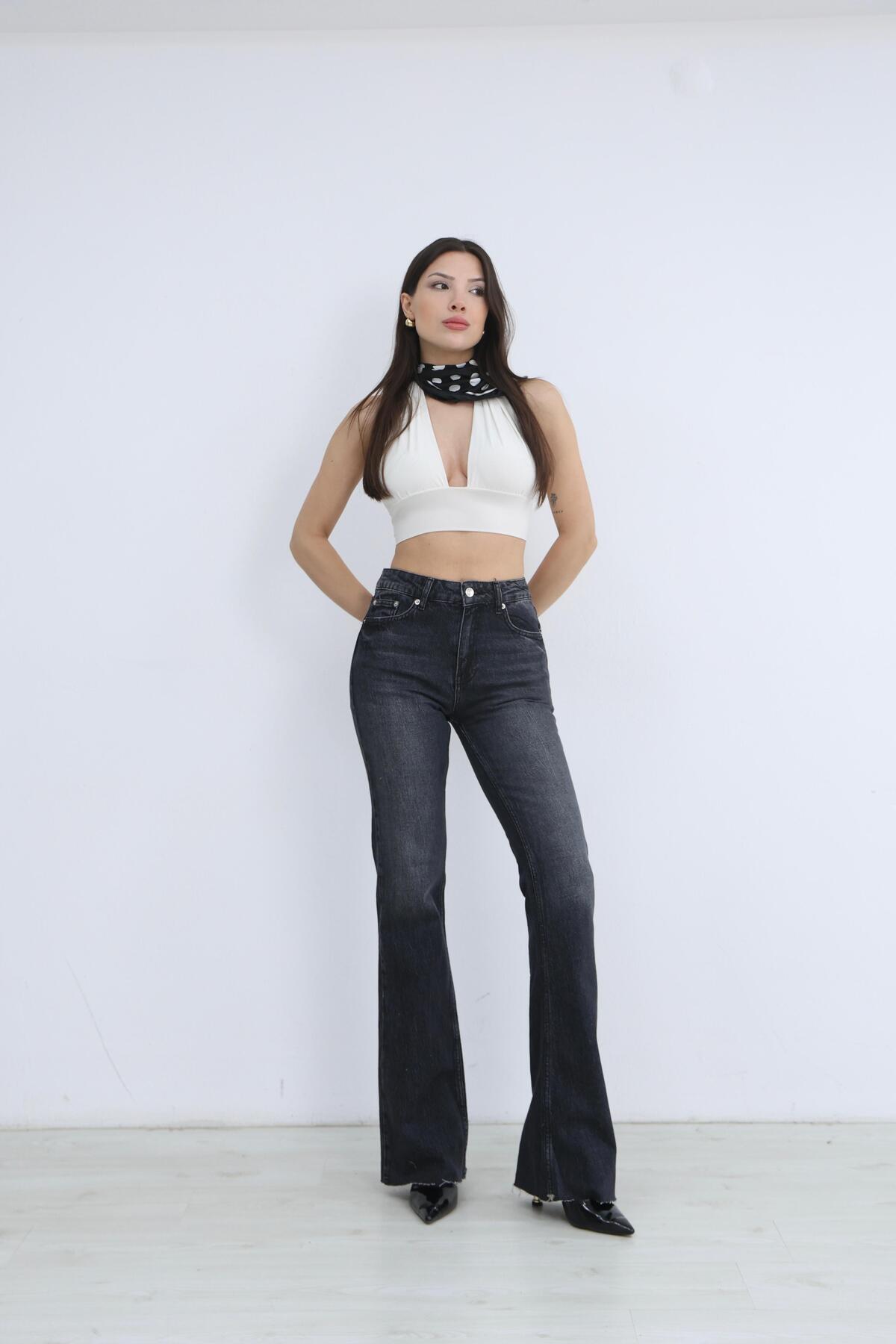 Ucajean  UCA JEAN Kadın Yüksek Bel Flare Füme Jean Pantolon - Görsel 2