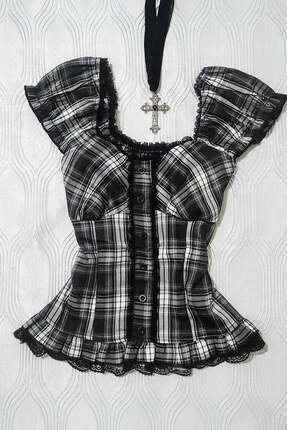 ARS Butik Siyah Beyaz Ekoseli Vintage Dantelli Kare Yaka Kısa Kollu Crop Bluz