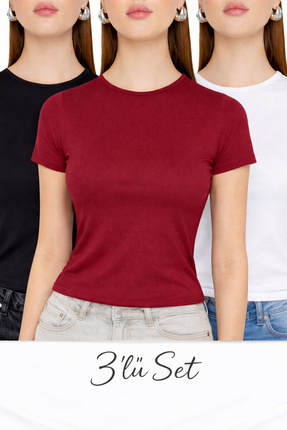 MODASPARK Siyah Beyaz Bordo Üçlü Bisiklet Yaka Basic Ultra Soft Kadın Kısa Ko...