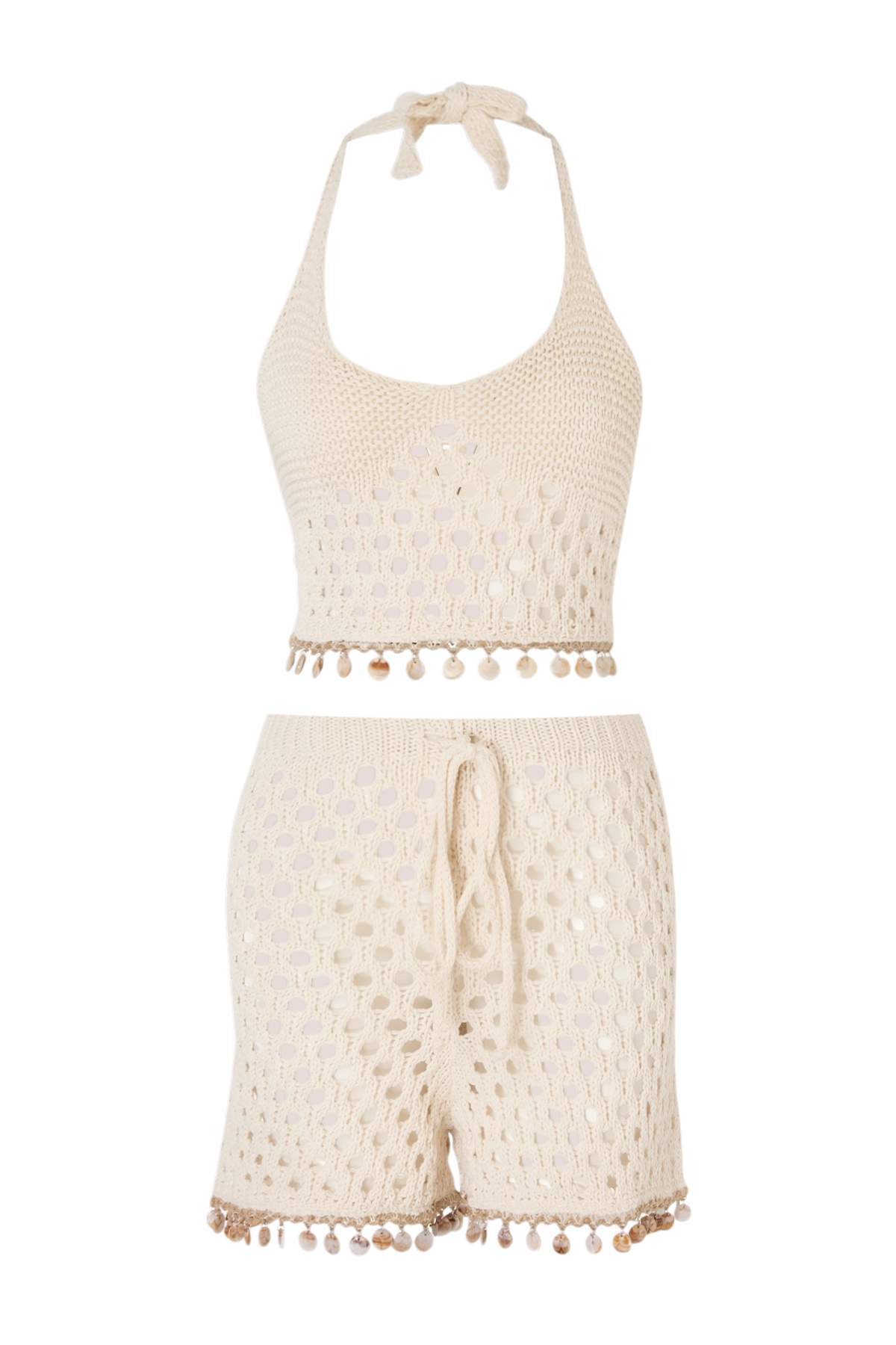 Trendyolmilla  Ekru Triko Aksesuar Detaylı Boyundan Bağlamalı 100% Pamuk Plaj Bluz Şort Takım TBESS26AU00042 - Görsel 5