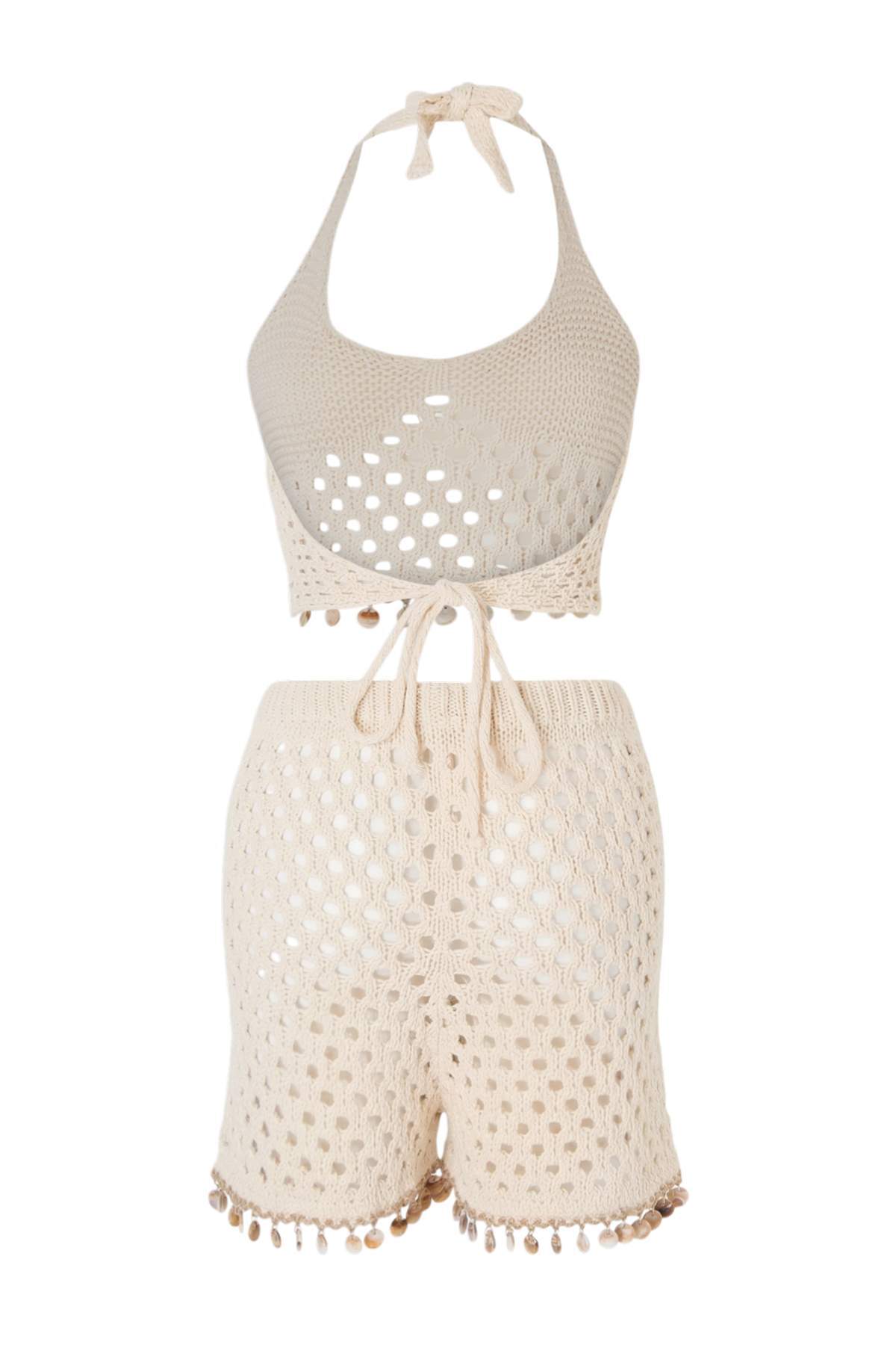 Trendyolmilla  Ekru Triko Aksesuar Detaylı Boyundan Bağlamalı 100% Pamuk Plaj Bluz Şort Takım TBESS26AU00042 - Görsel 6