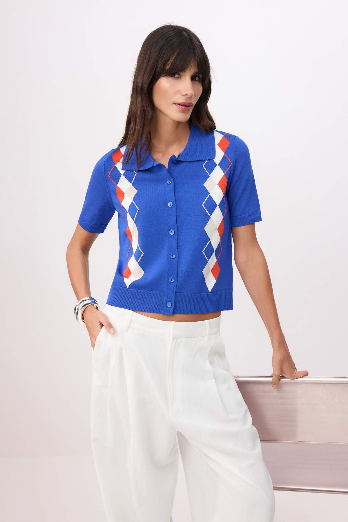 Trendyolmilla  Saks Yazlık Özel İplik Baklava Desenli Triko Hırka TWOSS26HI00018 - Görsel 2