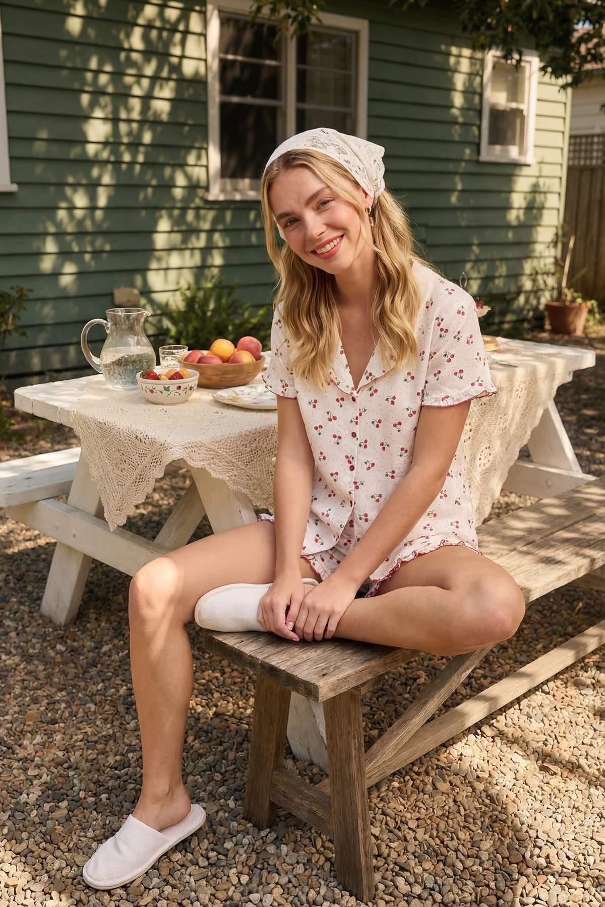 Trendyolmilla  Ekru %100 Pamuklu Kiraz ve Puantiye Desenli Fırfırlı Müslin Dokuma Pijama Takımı THMSS26PT00045 - Görsel 2