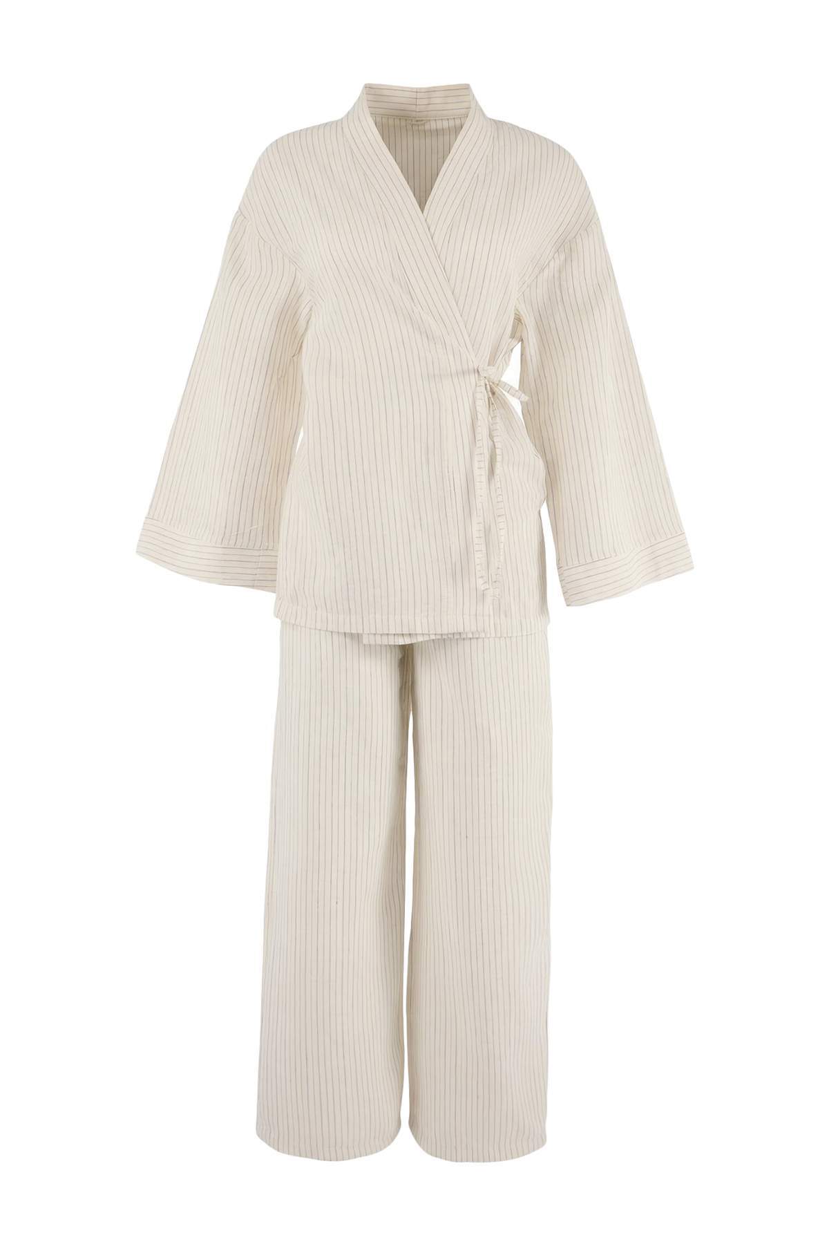 Trendyolmilla  Ekru Çizgili Dokuma Müslin 100% Pamuk Plaj Kimono Pantolon Takım TBESS26AU00023 - Görsel 5