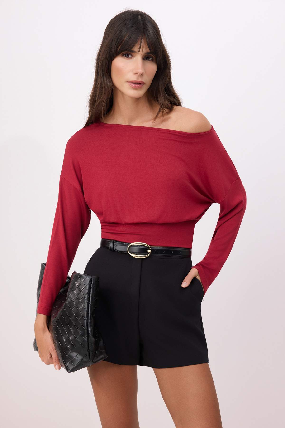 Trendyolmilla Kırmızı Fitted/Vücuda Oturan Kayık Yaka Uzun Kollu Yumuşak Örme Bluz TWOSS26BZ00344