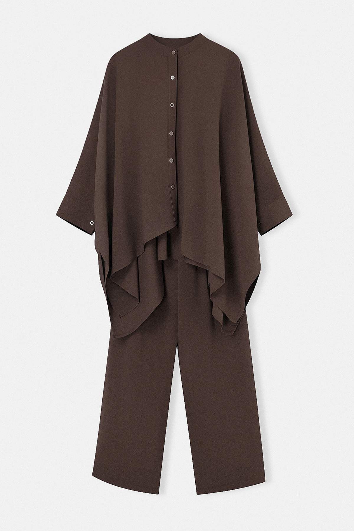 Trendyolmilla  Kahverengi Ekstra Büyük Kalıp Hakim Yaka Panço Gömlek İkili Takım TDRSS26AU00018 - Görsel 4