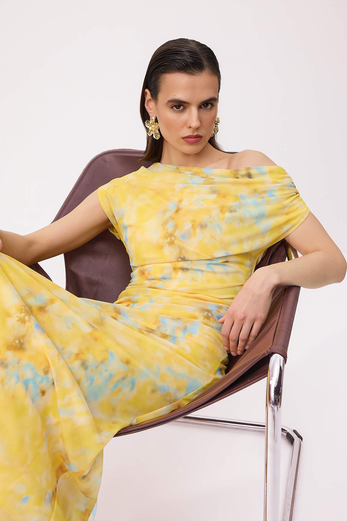 Trendyolmilla  Sarı-Çok Renkli Çiçekli Düz Kesim Örme Tül Maxi Astarlı Şık/Gece Elbise