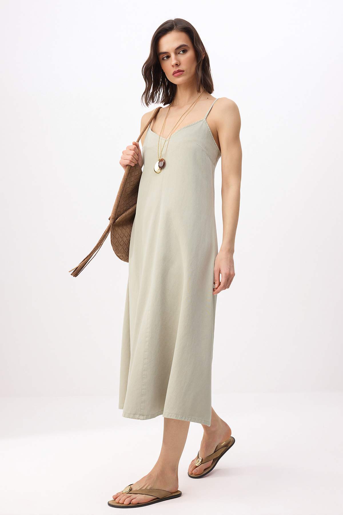 Trendyolmilla Mint Düz Midi Denim Elbise TWOSS25EL00859