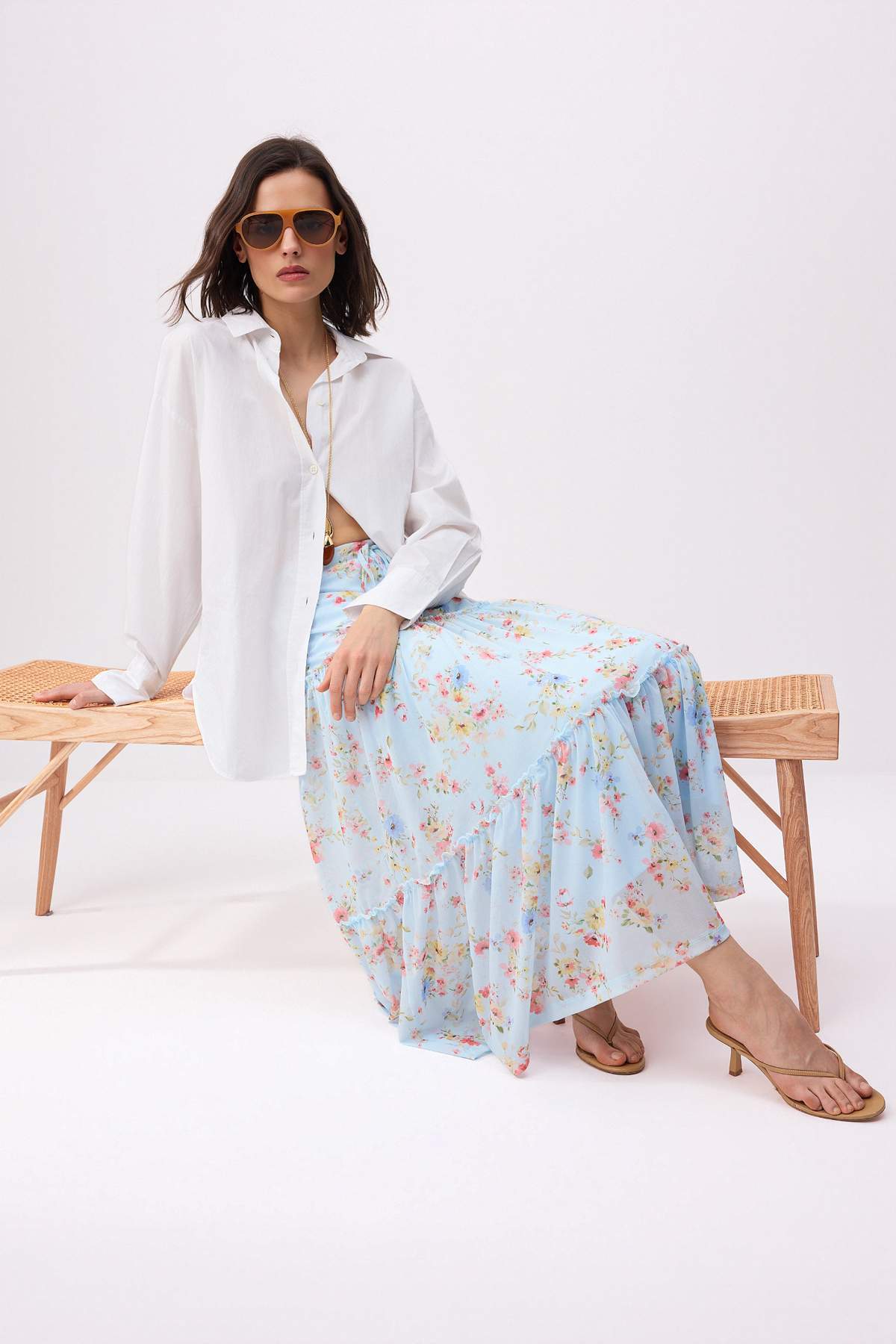 Trendyolmilla  Açık/Bebe Mavi Tül Çiçek Baskılı Maxi Büzgü/Drape Detaylı Esnek Örme Etek TWOSS25ET00064 - Görsel 2