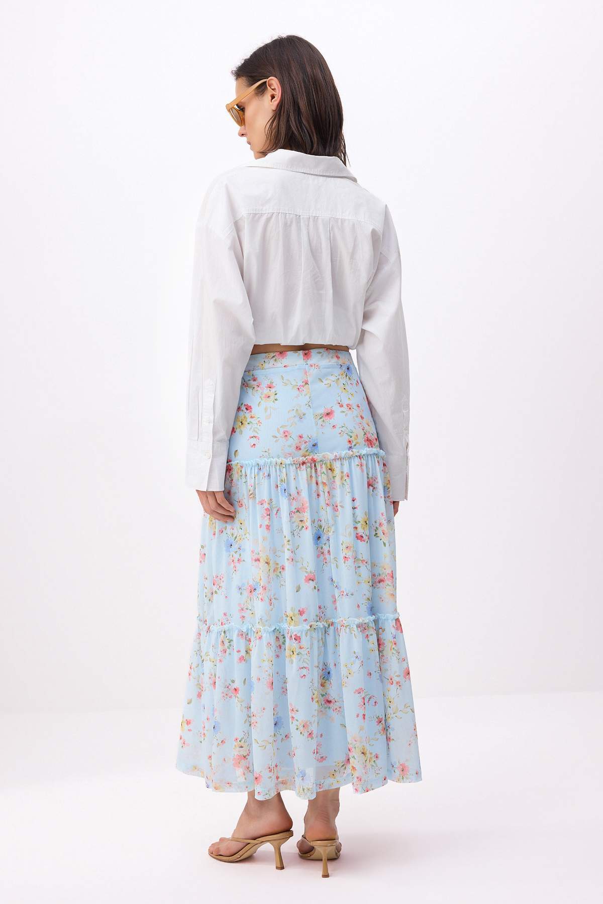 Trendyolmilla  Açık/Bebe Mavi Tül Çiçek Baskılı Maxi Büzgü/Drape Detaylı Esnek Örme Etek TWOSS25ET00064 - Görsel 4