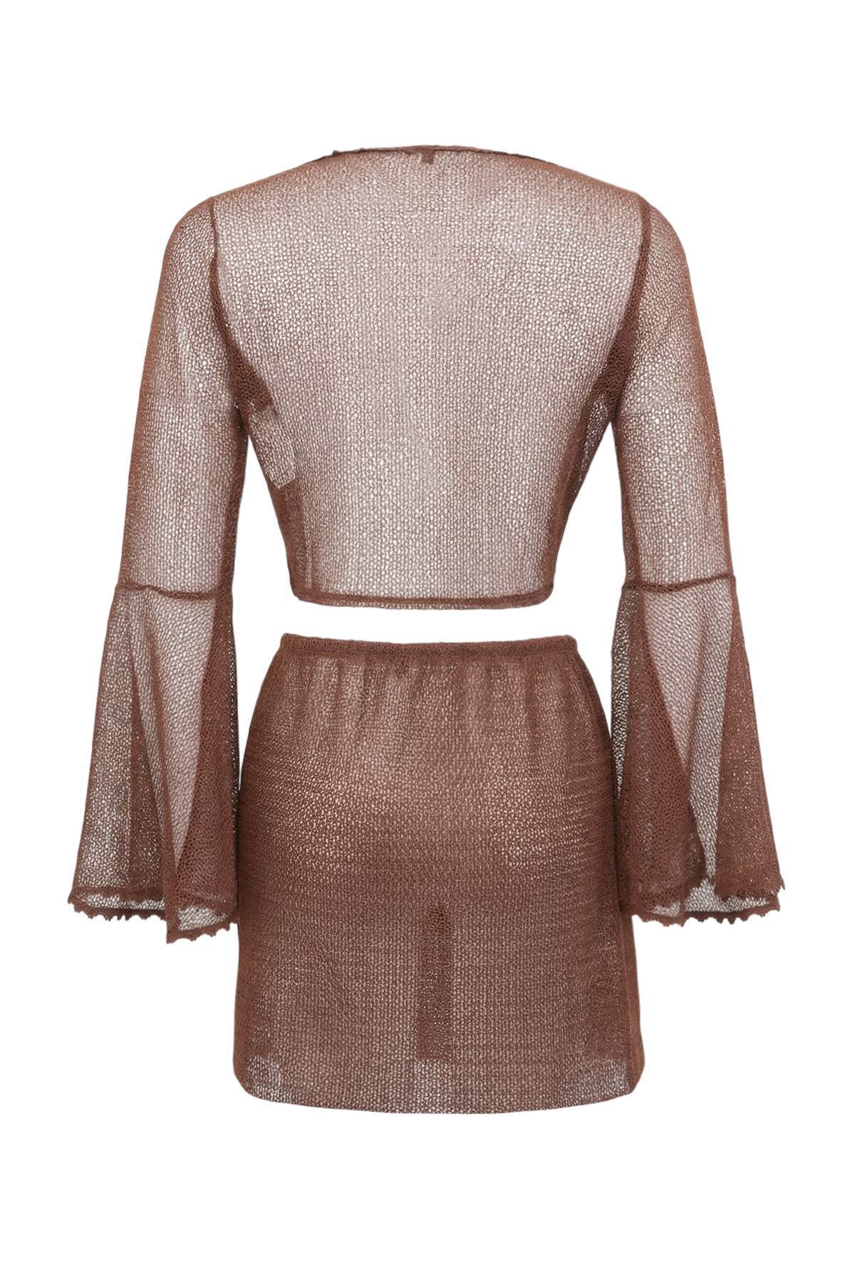 Trendyolmilla  Kahverengi Örme Çiçek Aplikeli Süper Mini Kayık Yaka Plaj Bluz Etek Takım TBESS26AU00006 - Görsel 6