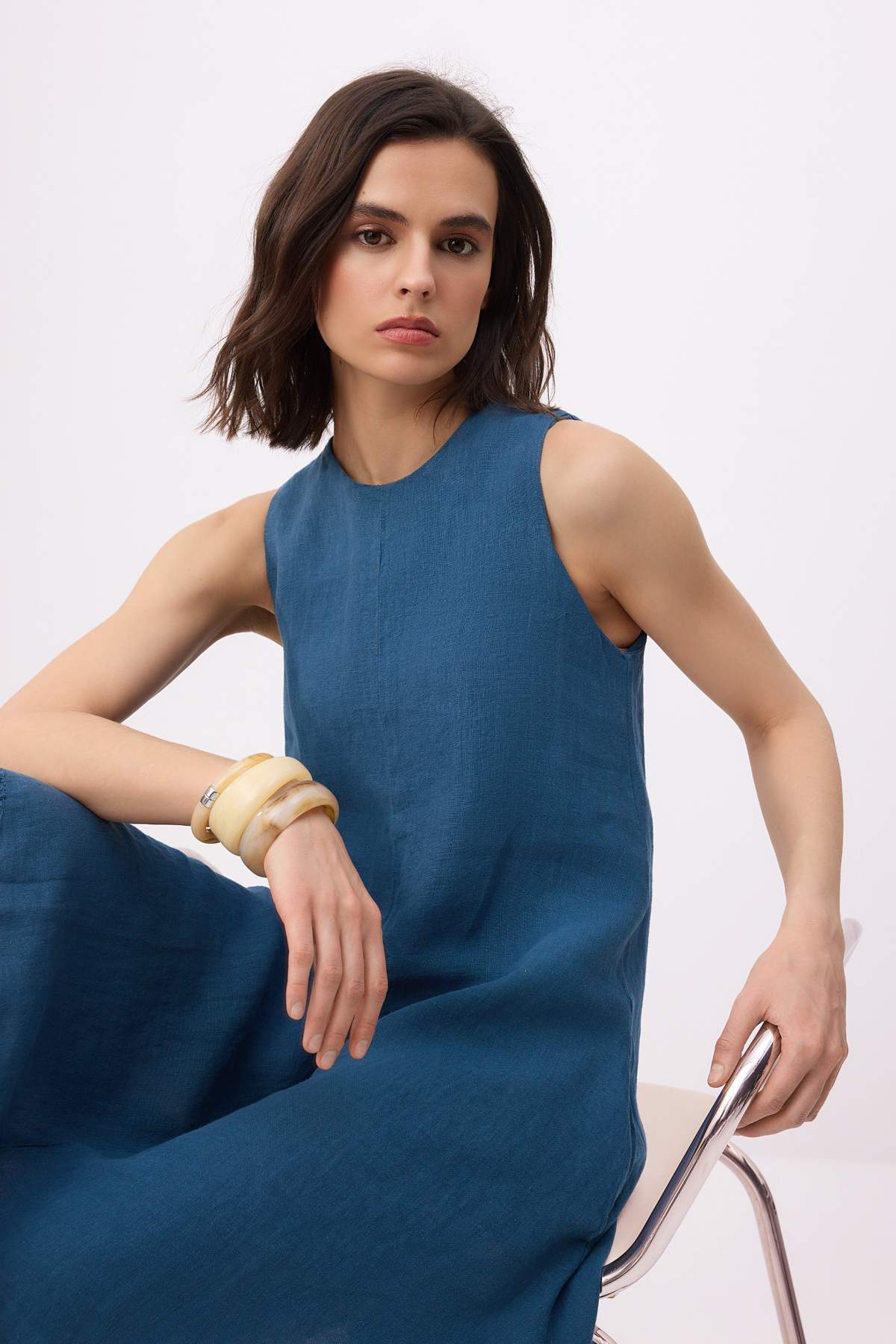 Trendyolmilla Indigo %100 Keten Mini Cepli Dokuma Elbise TWOSS26EL00763