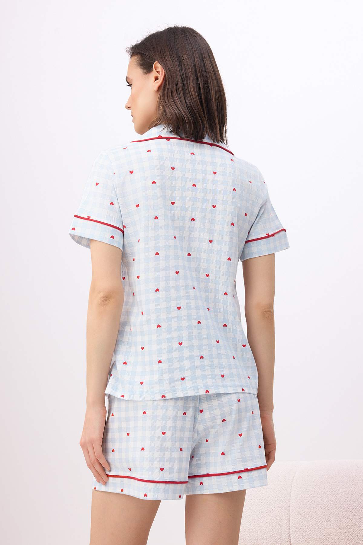 Trendyolmilla  Mavi %100 Pamuklu Kalp ve Ekose Baskılı Biyeli Örme Pijama Takımı THMSS26PT00157 - Görsel 4