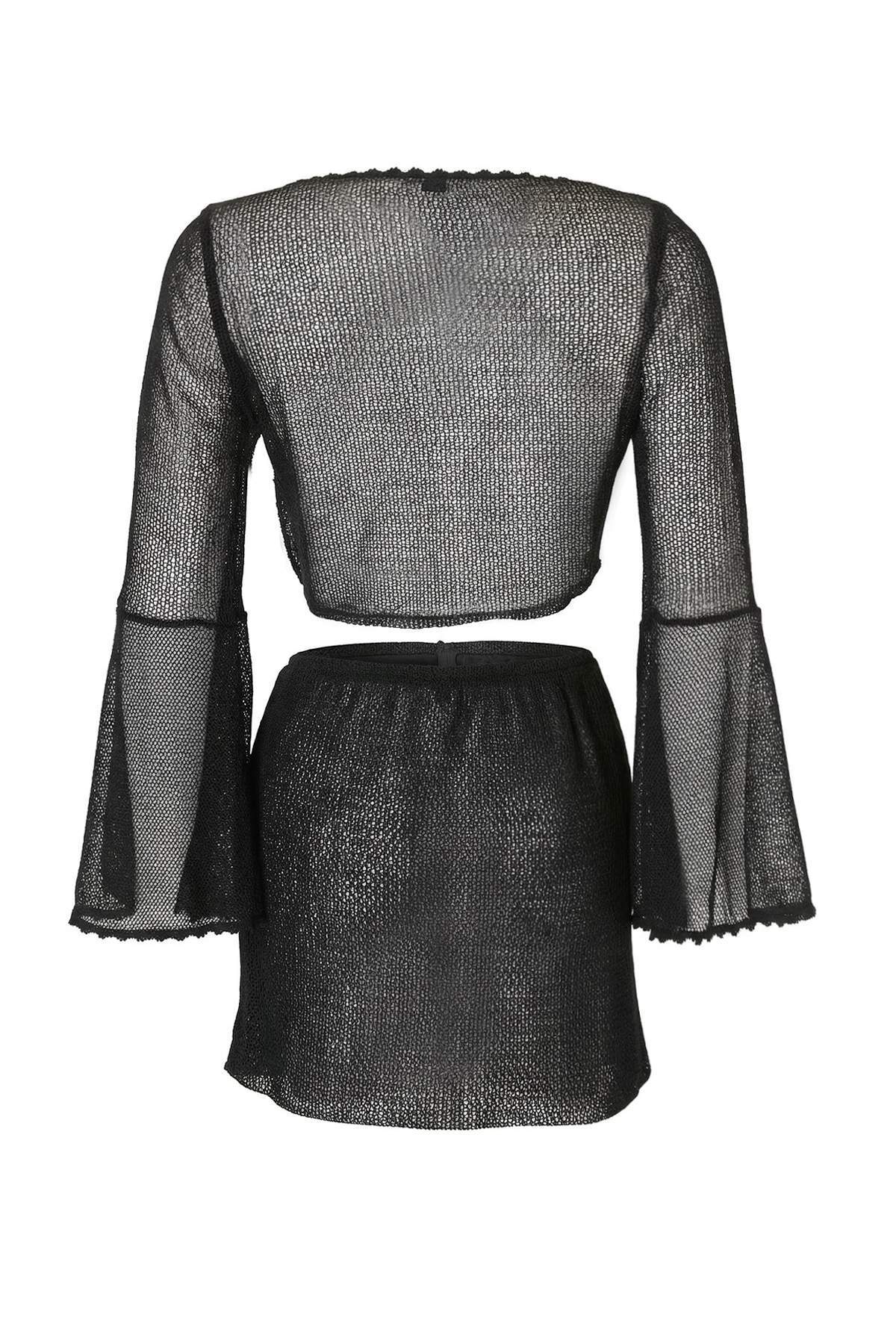 Trendyolmilla  Siyah Örme Çiçek Aplikeli Süper Mini Kayık Yaka Plaj Bluz Etek Takım TBESS26AU00006 - Görsel 5