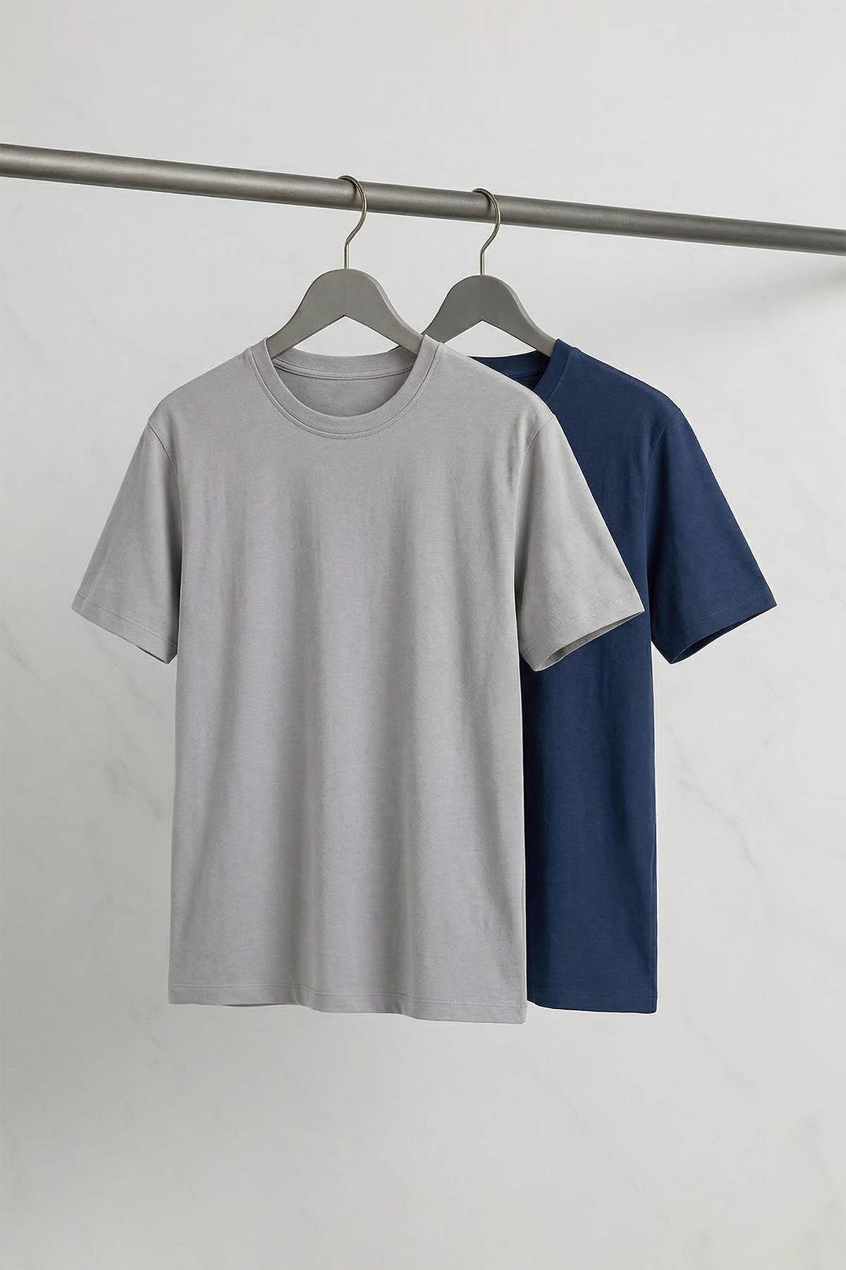 Trendyolmilla Man İndigo - Gri Basic Slim Fit/Dar %100 Pamuklu 2'li Paket T-Shirt TMNSS19BO0075TMNSS19BO0075