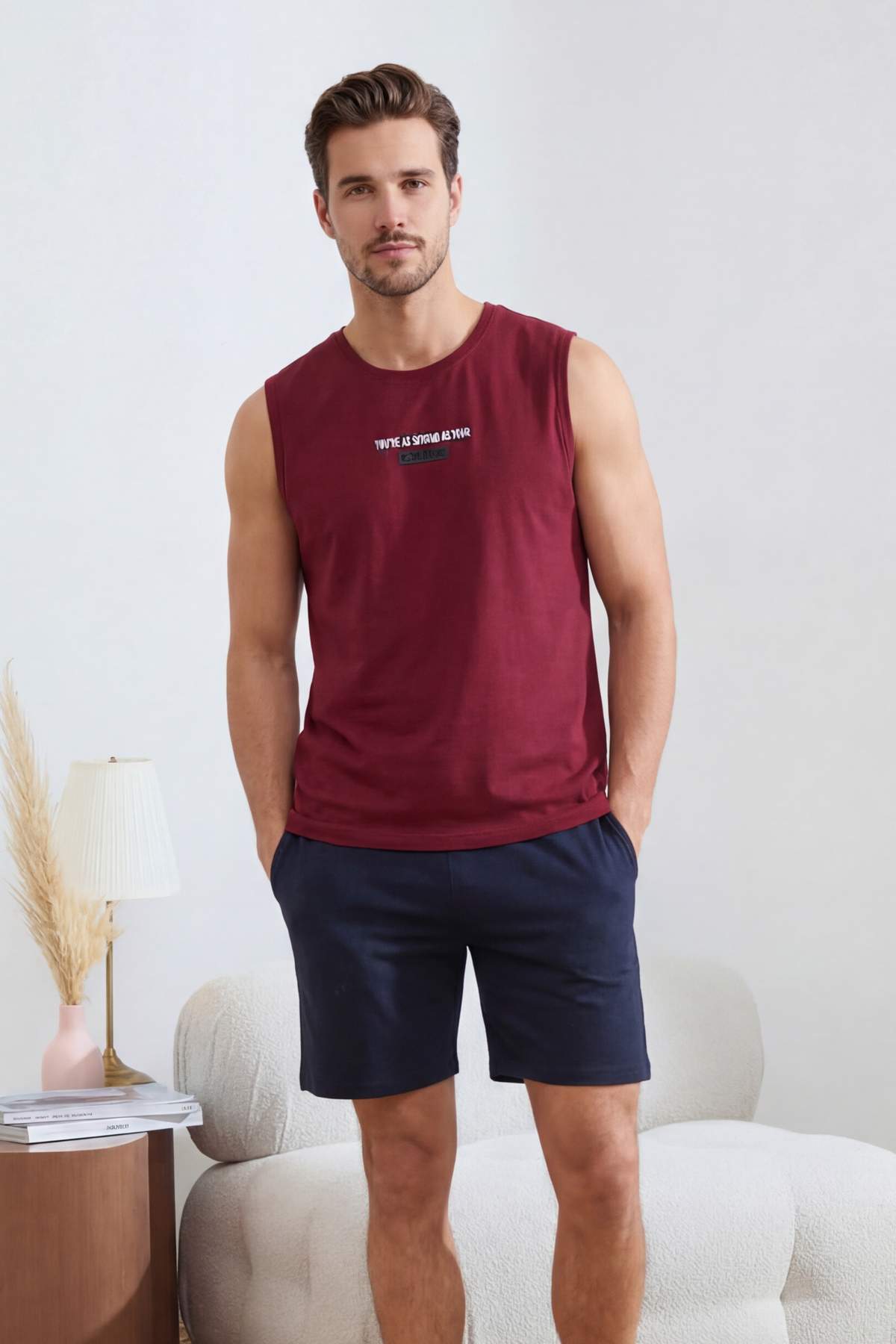 Trendyolmilla Man Bordo Regular/Normal Kesim Baskılı Pamuklu Atlet-Şort Pijama Takımı TMNSS26PT00045