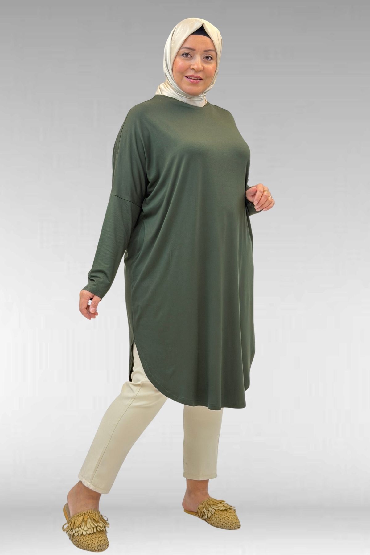 38110 Plus Size Low Sleeve Combed Cotton Tunic-Khaki