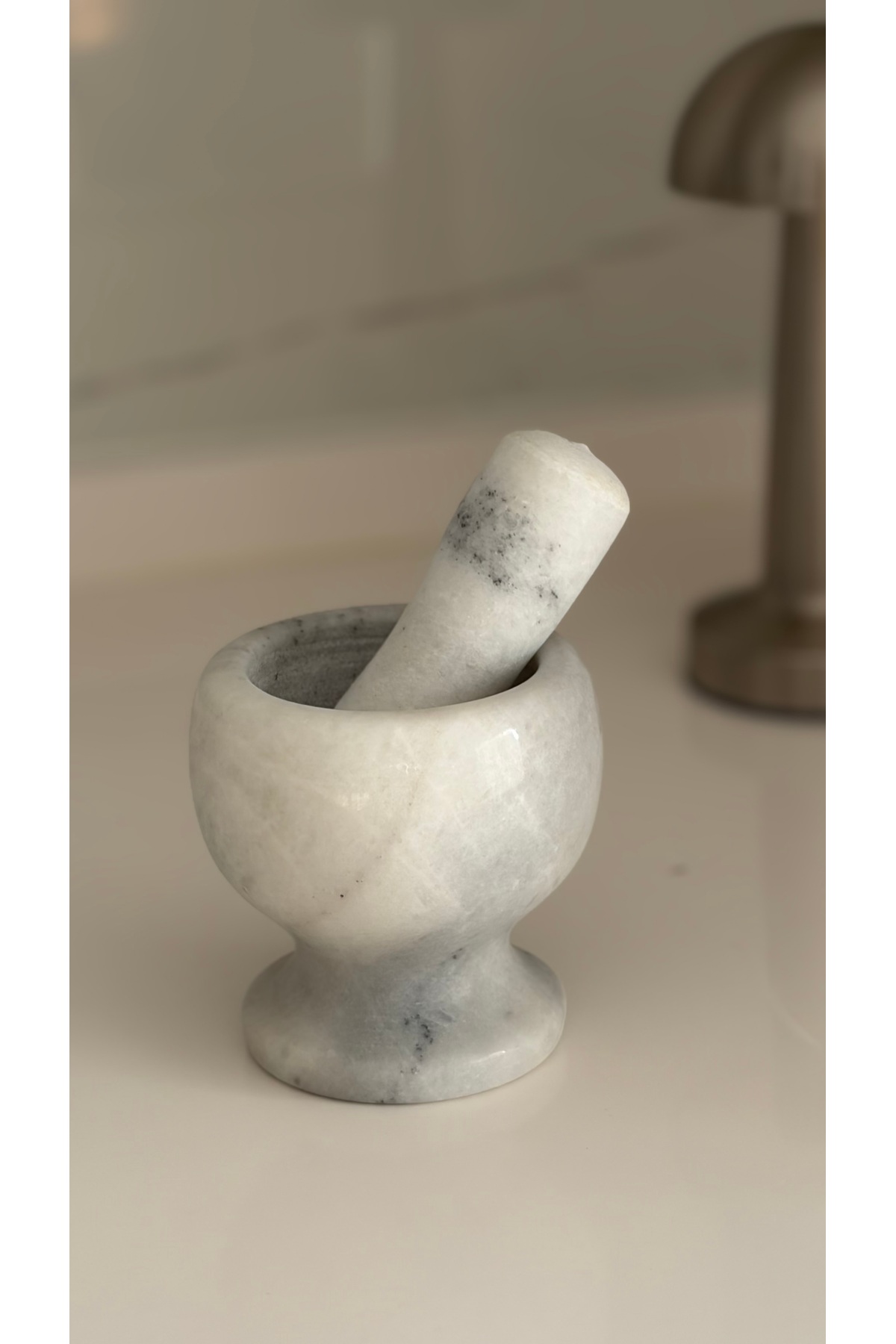 Natural Marble Handmade White-Grey Mortar. Stylish And Durable Spice Grinder